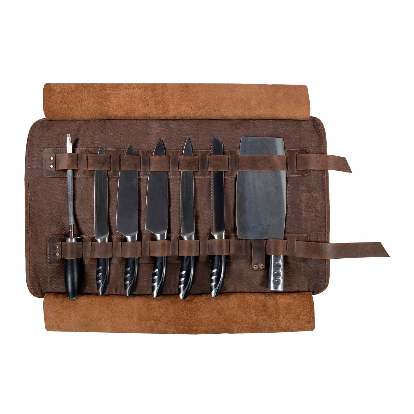 Cast Leather Co., Knife Roll with 8 Pockets, Portable Knife Organizer, Cooking Accessories, Travel Bag, Waxed Canvas, Handmade, Honey Bourbon