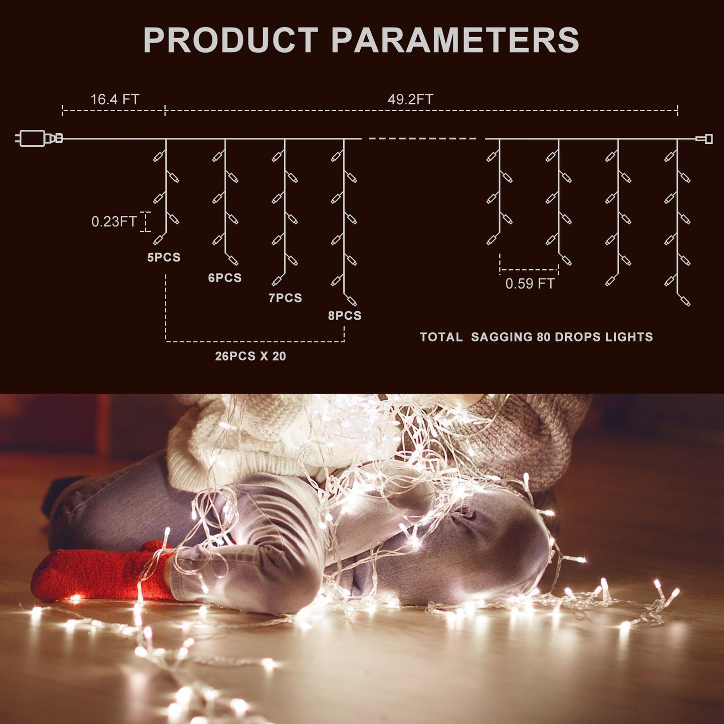 TOPPORTED Icicle Christmas Lights Outdoor,520 LED 49.2FT 8 Modes with 80 Drops Cool White Icicle Lights,Remote Control Outdoor Indoor Fairy String Lights for Christmas Party,Holiday Decorations