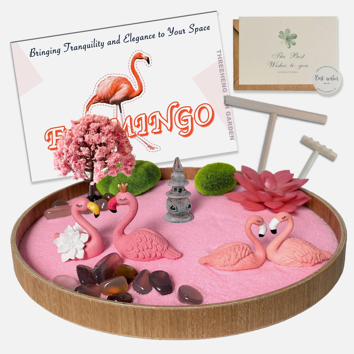 Threeheng Flamingo Zen Garden for Desk - Pink Flamingo Decor, Sand Tray Therapy Kit for Desk and Office, Cute Japanese Décor Gift for Women, Mini Zen Garden for Relaxation and Stress Relief