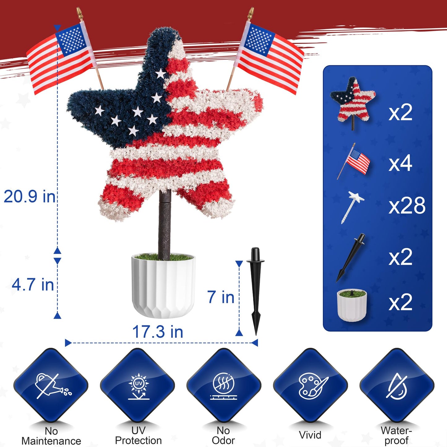 Chillchard 2 Pack Artificial Boxwood Star Patriotic Topiary Trees Outdoor