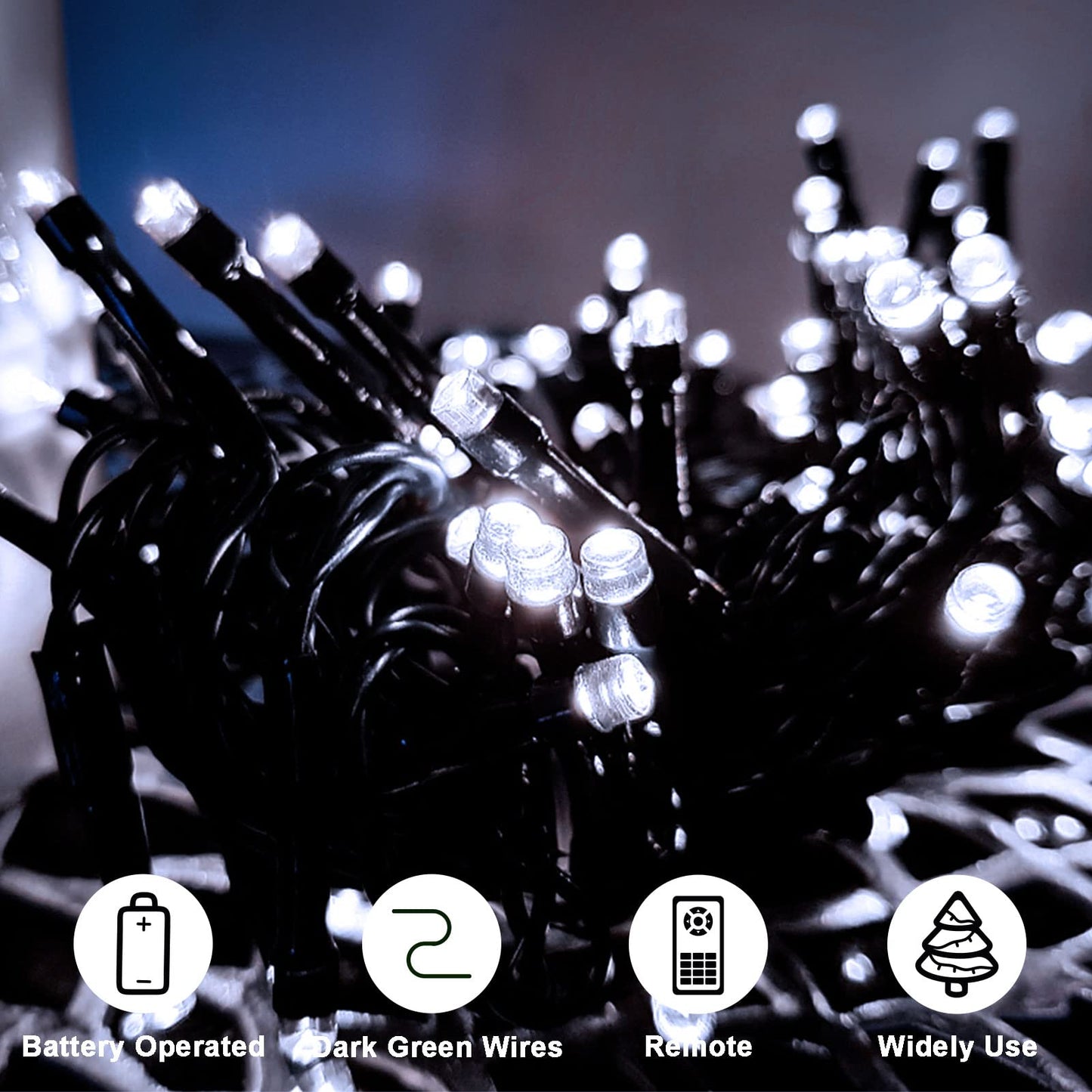 ZAIYW 4 Pack String Lights Battery Operated, Total 66Ft 200 LED Christmas Lights with Remote Timer 8 Modes Fairy String Lights Dark Green Wire for Garland Patio Garden Xmas Tree Decor (Cool White)