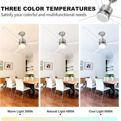 OKELI Clear Ceiling Fan with Light, 52 Inch Brushed Nickel Transparent Ceiling Fans with Light and Remote 3 Reversible Blade LED Ceiling Fan and Light Combo for Living Room, Bedroom, Patio