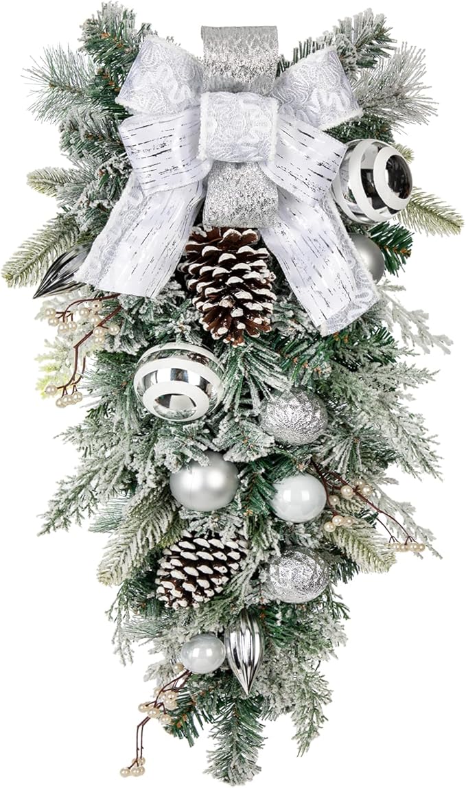 30" Christmas Teardrop Swag for Front Door Artificial Winter Swag Garland with Pine Cones, Berry Clusters, White Ball Ornaments and Ribbons for Thanksgiving Holiday Christmas Decoration