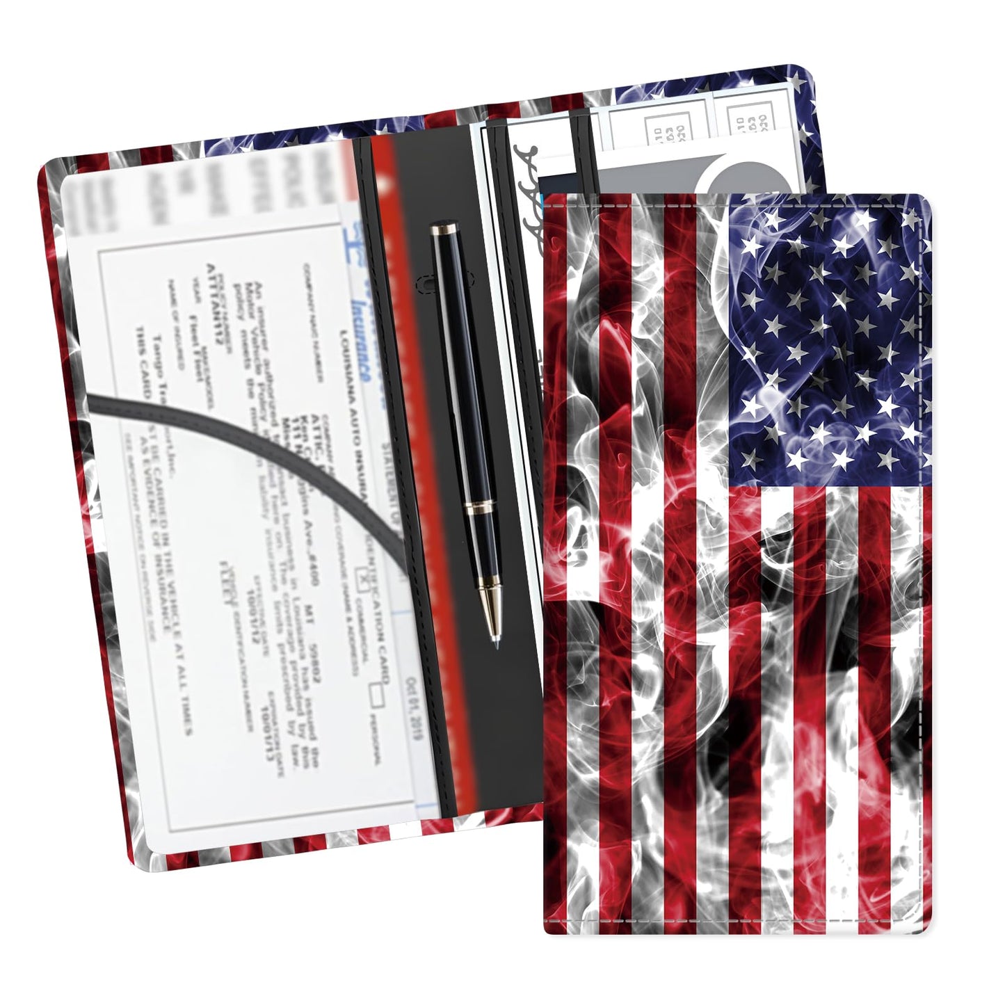 ADUQLZUX Leather Car Registration and Insurance Card Holder, Cute Car Accessories Vehicle Glove Box Car Organizer for Documents, Cards, License Retro American Flag