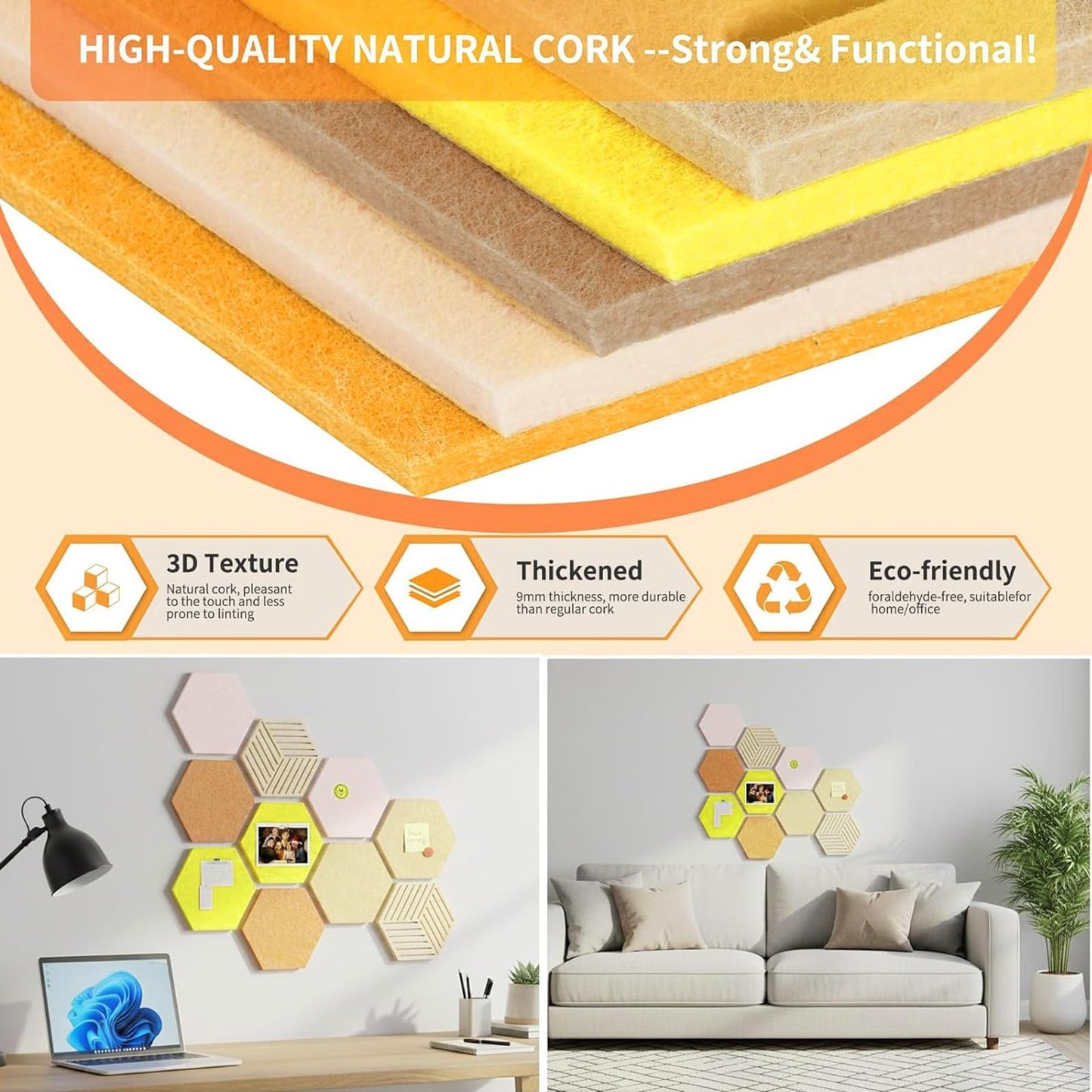 FOCHIER F 10PCS Hexagon Cork Boards for Walls Decor,12"*10.2" Felt Bulletin Board Tiles Sets for Home Office Class Kitchen with 50 Push Pins,Self Adhesive DIY Pin Board for Photos Memos