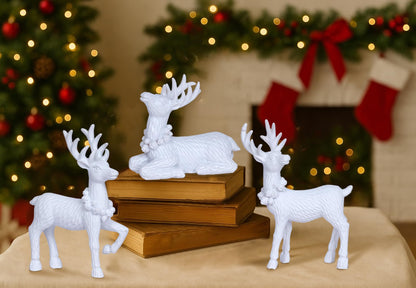 White Christmas Reindeer Decor Set of 3 Resin Standing Deer Figurines Elk Sculpture Christmas Figurine Centerpieces for Home Tabletop Shelf Elegant Xmas Deer Statue Artificial Animal Table Decorations