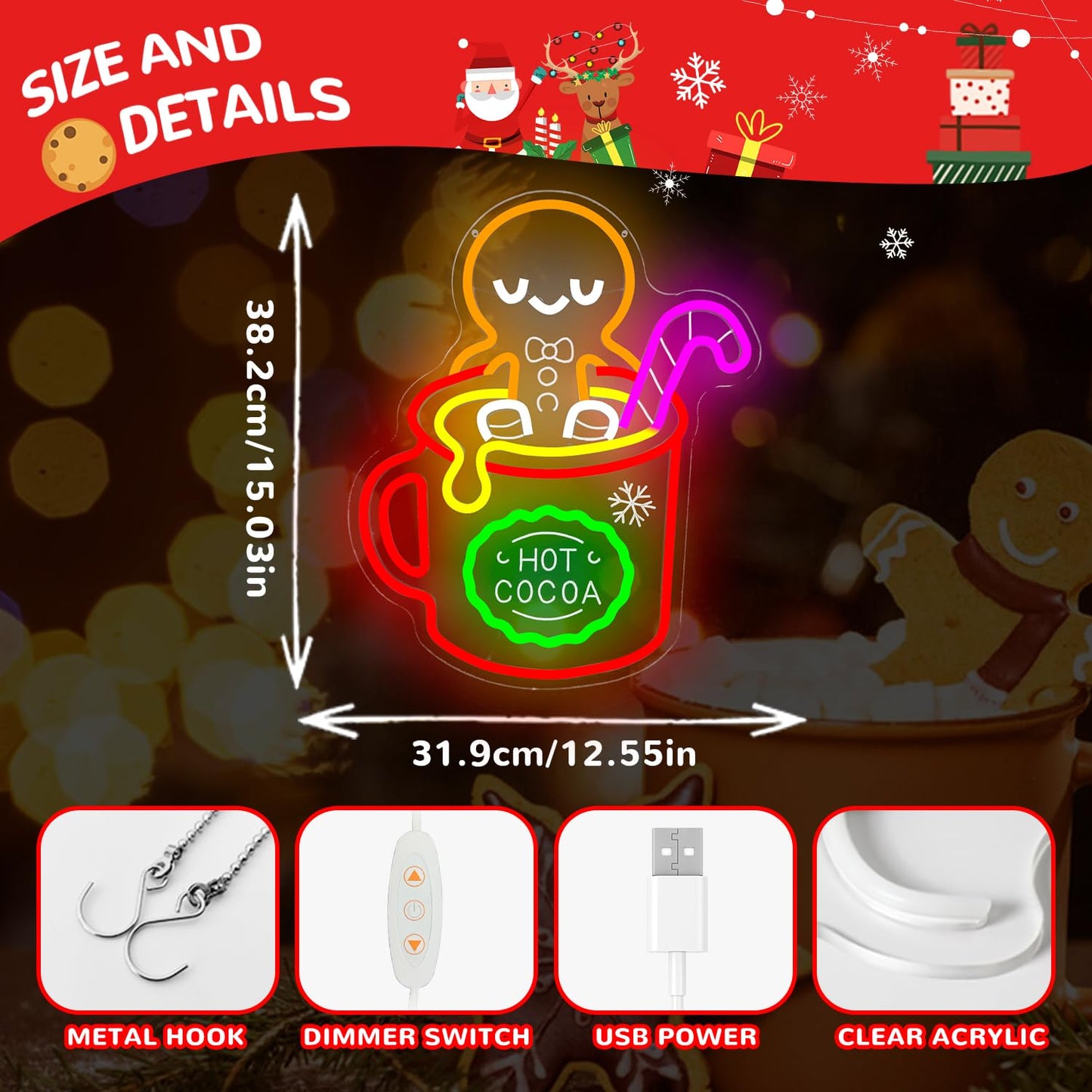 hhuohuona Christmas Gingerbread Man Neon Sign Dimmable Hot Cocoa Christmas Led Sign Gingerbread Hot Cocoa Mug Candy Cane Neon Lights Xmas Holiday Led Wall Decor Gift