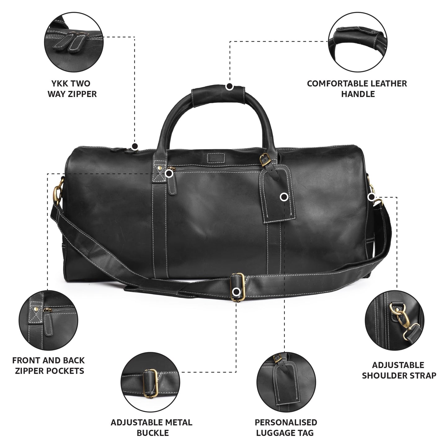Leather Village Leather Duffel Bags for Men & Women-Stylish Travel Weekender Carry-On Sports Gym Overnight Luggage Bag - 20 Inch - Black