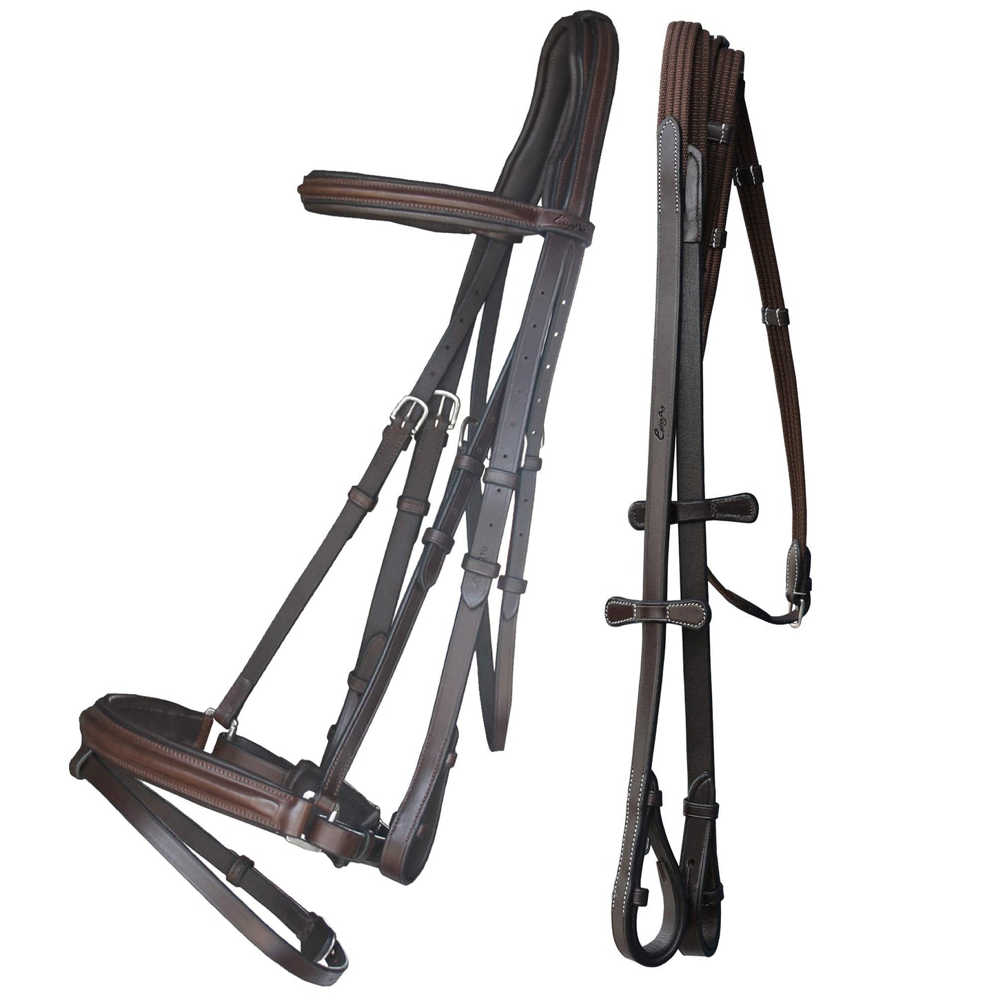 Exion Anti Pressure Cutback Crown Piece Soft Lined Browband and Crank Noseband Dressage Leather Bridle and Hand Stopper Leather Reins | Royal Dressage Bridle for Horses