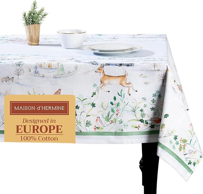 Maison d' Hermine Table Cloth Rectangle Table 100% Cotton 60 x 108 Inches Fall Tablecloth Reusable Everyday Use for Thanksgiving Christmas Decorations Dining Farmhouse Party (Snowy World)