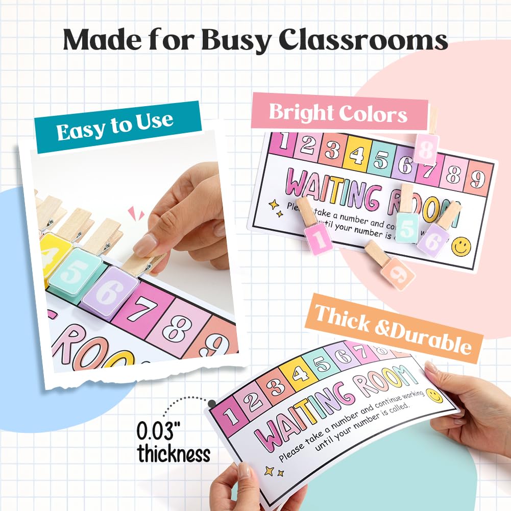 KACIOLA STUDIO Teacher Classroom Management Tools, Waiting Room Sign with Wooden Number Clips, Teacher's Helper Waiting Room Poster, Please Take a Number Classroom Poster for Student Management-Cute