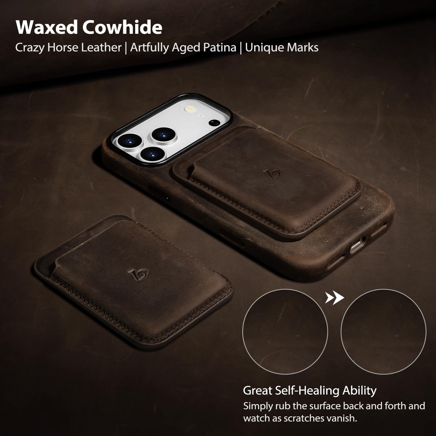 Belemay Minimal Wallet Compatible with Magsafe, Strong Magnetic Card Holder for 1-2 Cards, Vintage Crazy Horse Leather, Compatible with iPhone 17/16/15/14/13/12 Series and MagSafe Cases, Rustic Brown