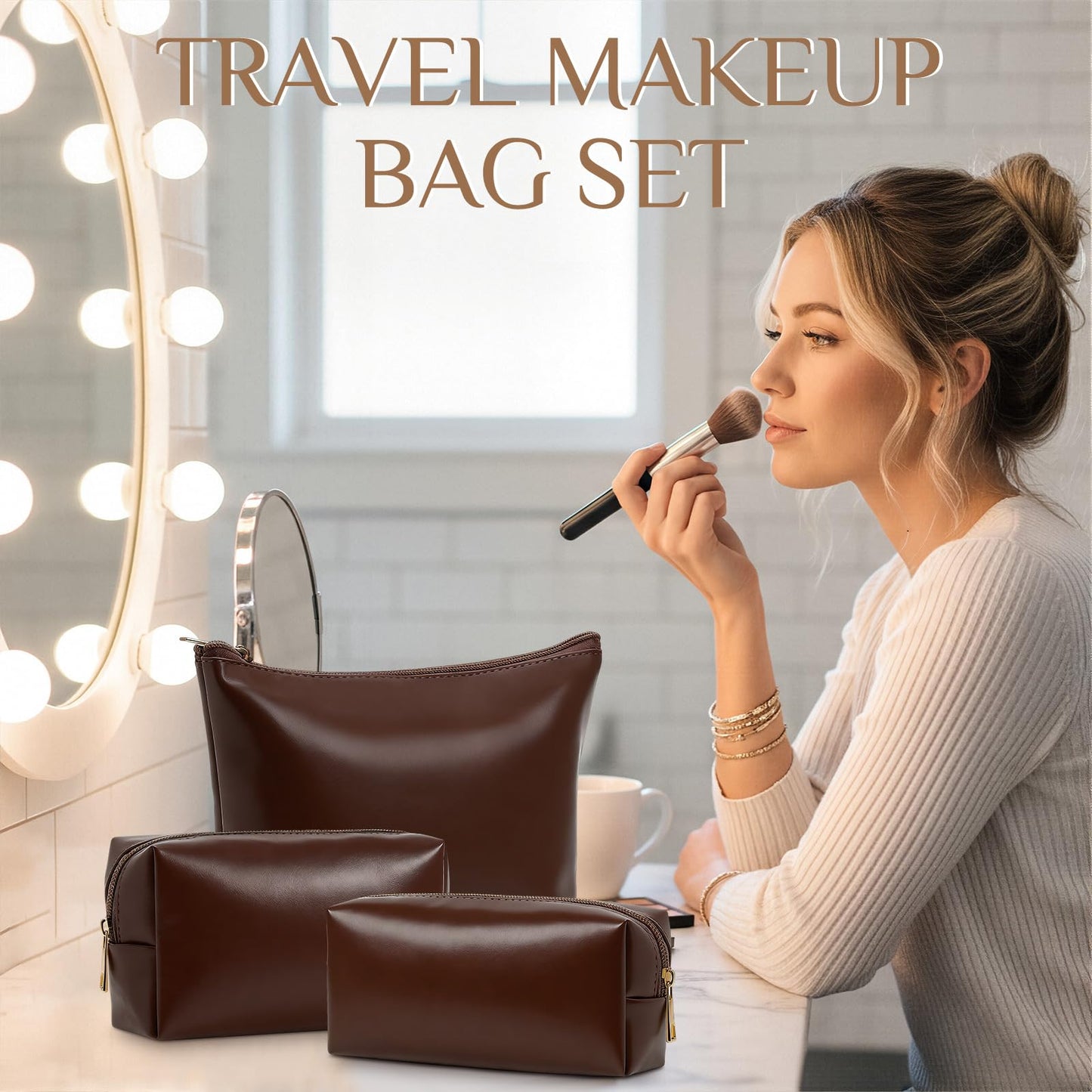 Kigeli 3 Piece Leather Makeup Bag Set Graduation Women Gifts PU Leather Makeup Toiletry Bag Bridesmaid Cosmetic Pouch Small Aesthetic Travel Purse for Wedding Birthday Women Gifts(Coffee)