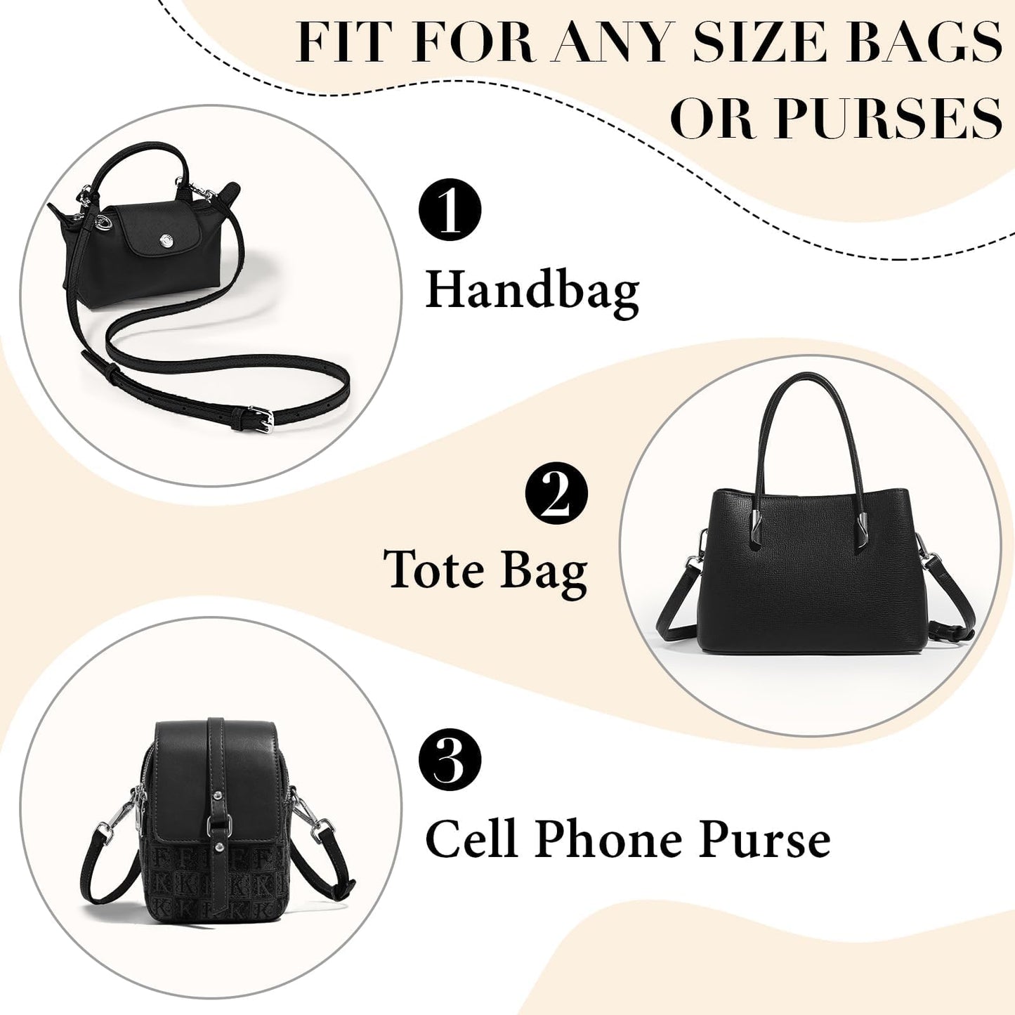 Gripooaven Mini Bag Strap Kit for Longchamp Black, Adjustable Leather Crossbody Shoulder Strap for Small Pouches, Purses and Handbags (Black Silver)