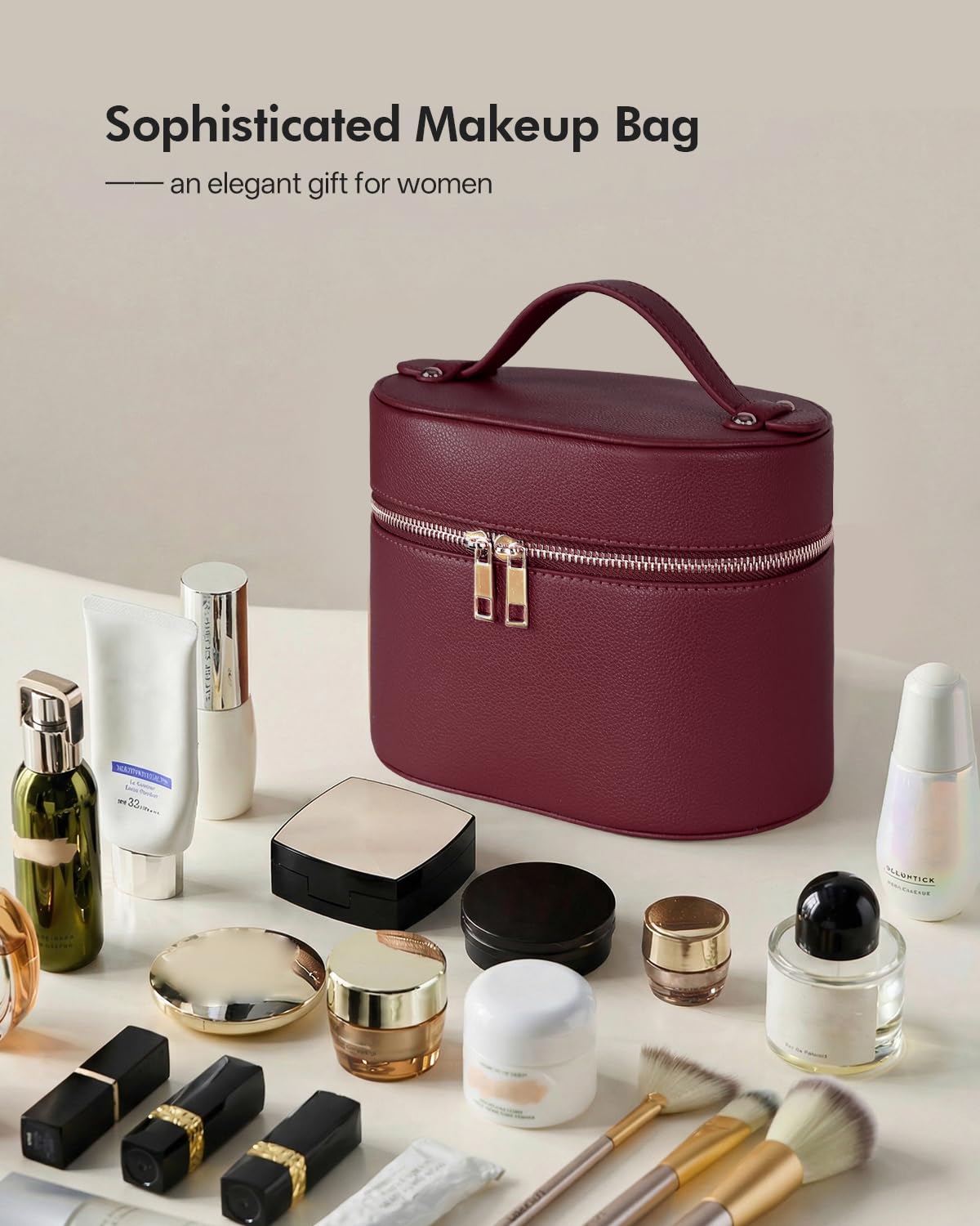 Prite Makeup Bag Travel Cosmetic Case with Clear Toiletry Pouch and Removable Divider, Vegan Leather Organizer for Women