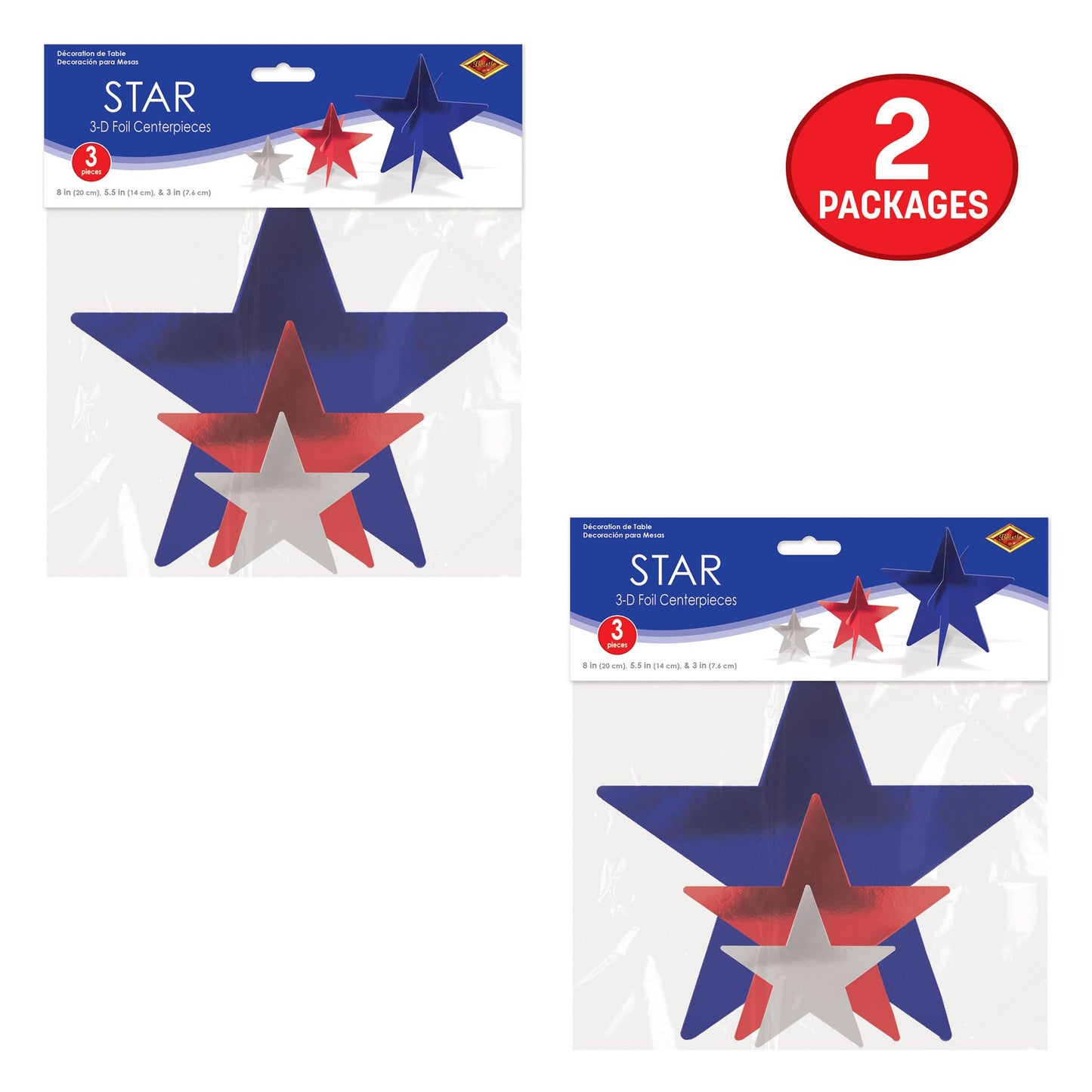 Beistle Red, Silver, and Blue 3-D Foil Star Centerpieces – 6 Pack, Dimensional Star Table Decorations, Freestanding Metallic Décor for New Year’s Eve Celebrations, July 4th Parties & Patriotic Events