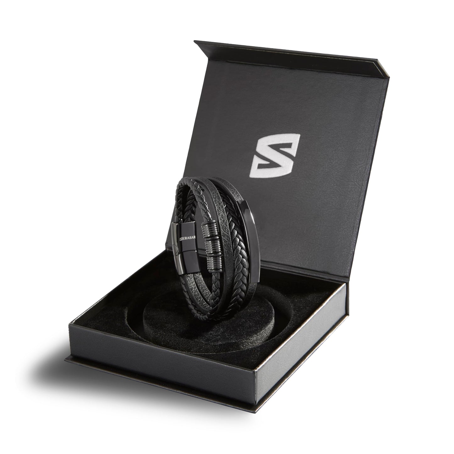 SERASAR Pulsera de Cuero Negro para Hombre, 17cm, Caja Regalo, Real, Piel Vaca, Ajustable, Cierre Magnético, Cuerda Envoltura, Masculino, Pulseras, Banda, Joyas, Imán