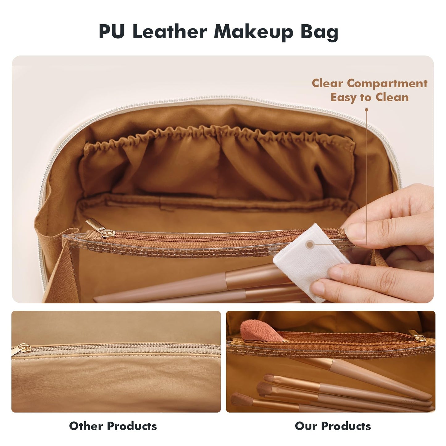 Prite Makeup Bag for Women Travel Waterproof Vegan Leather Cosmetic Bag Open Flat Toiletry Bag With Clear Divider and Handle (New Brown, Medium)