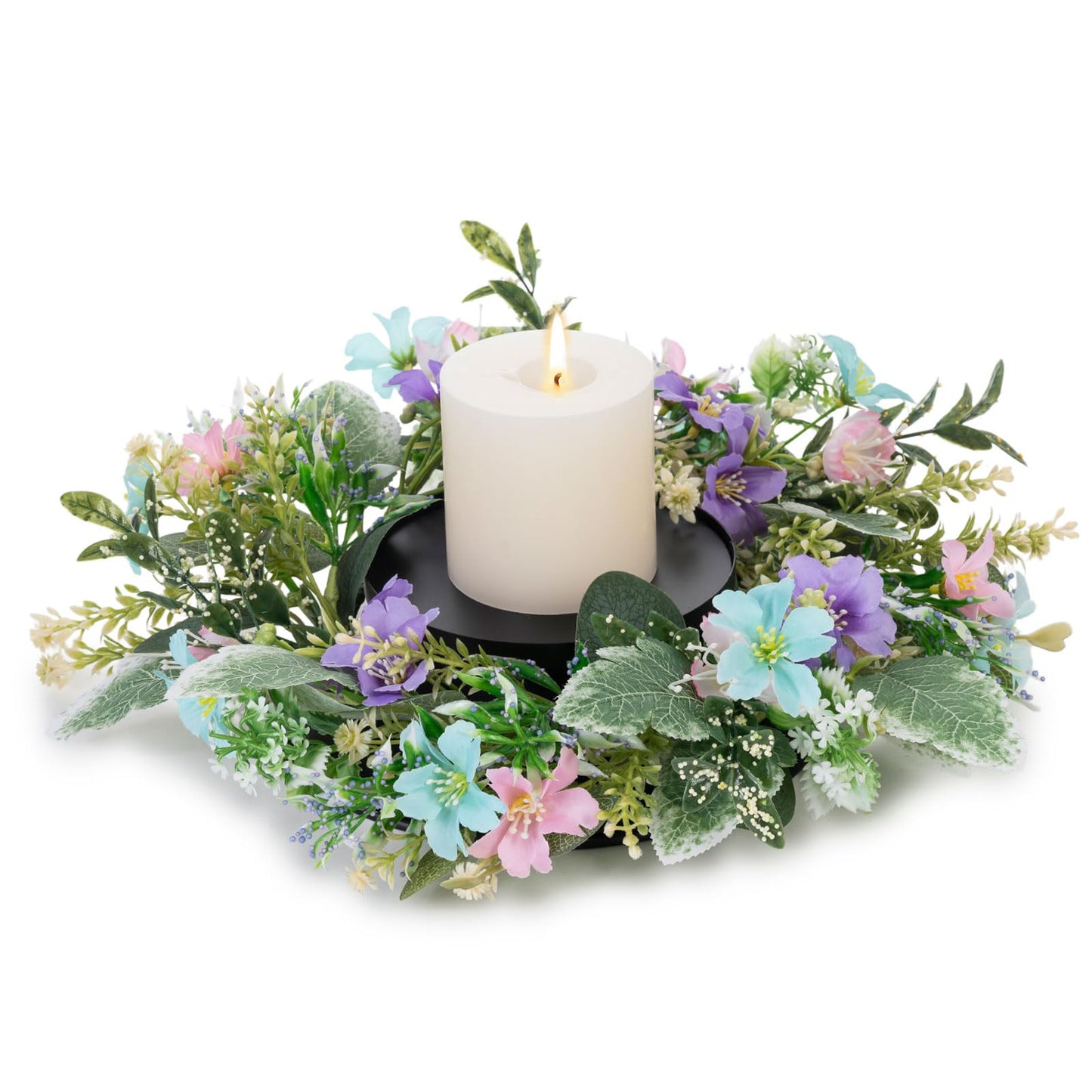 MOYEE Summer Centerpieces for Tables Wreath with Candle Holder,Candle Ring, Black Metal Candlestick with an Artificial Wreaths 14 in Versatile Dining Table Centrepiece (Blue and Purple Flower Wreath)