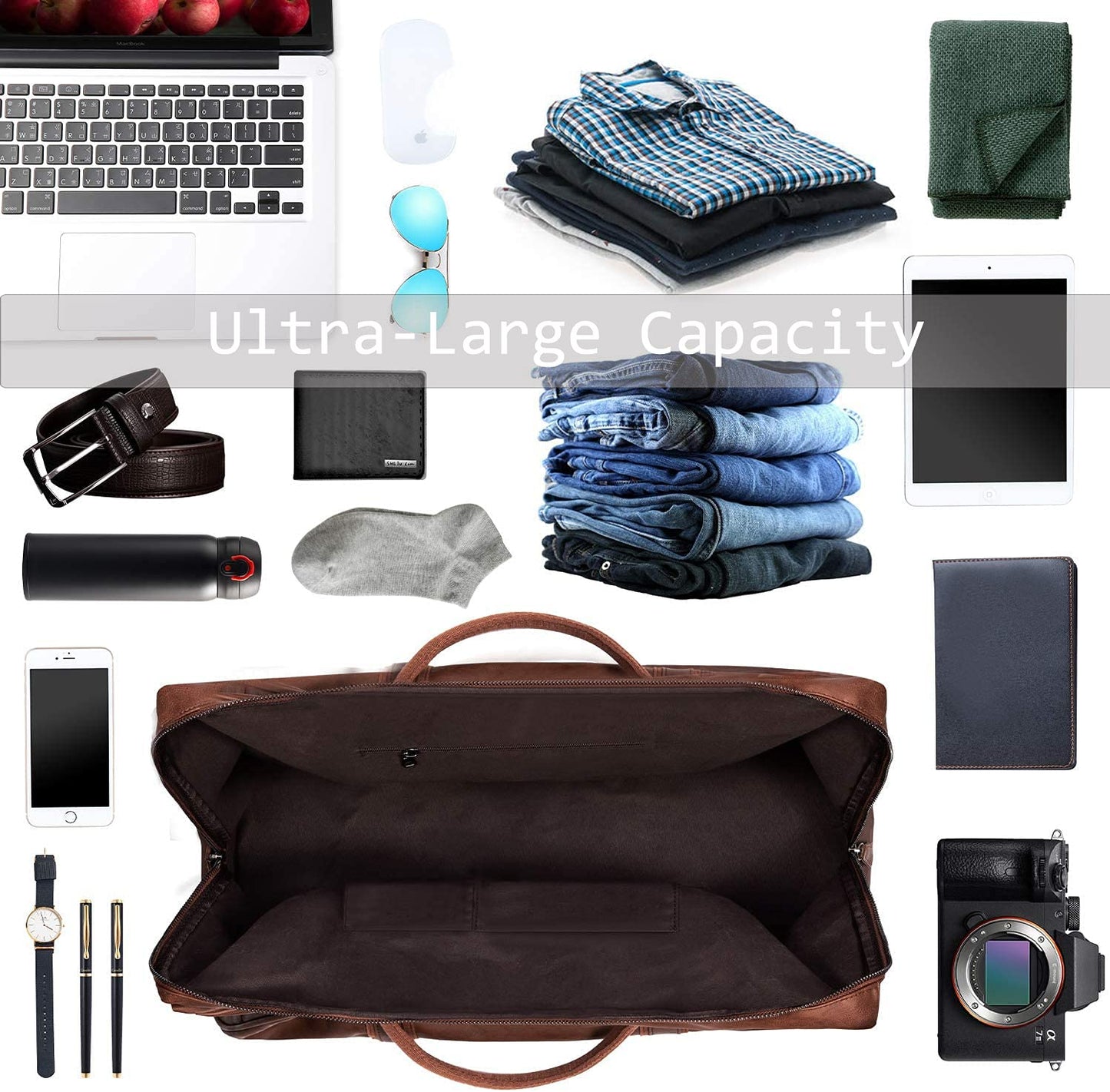 seyfocnia Oversized Travel Duffel Bag, Waterproof Leather Weekend bag Gym Sports Overnight Large Carry On Hand Bag-Brown