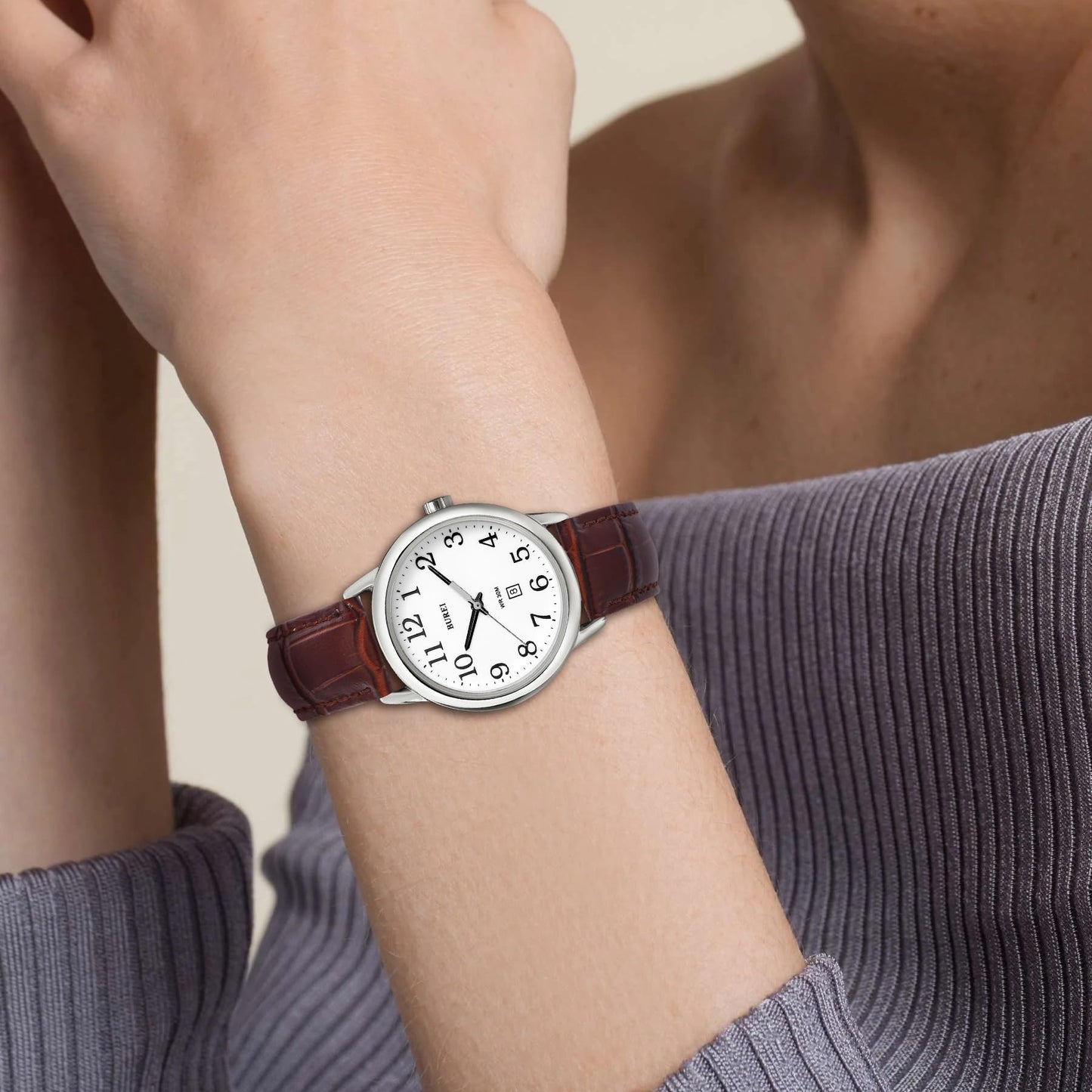 BUREI Women’s Watch 35mm Brown Minimalist Quartz Watch Soft Leather Strap Unisex Casual Dress Watch 3ATM Waterproof