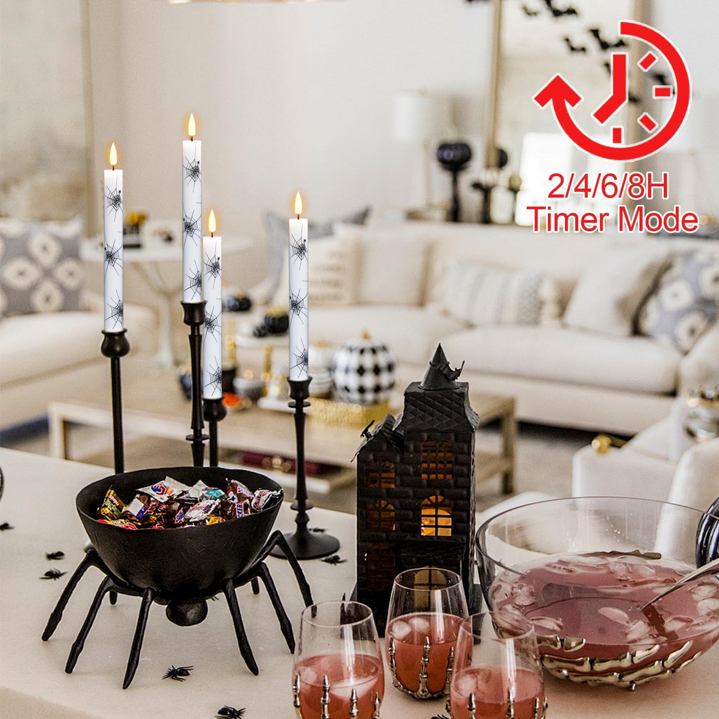 GenSwin Real Wax Flameless Taper Candles, 4 Pack Halloween LED Taper Candles Battery Operated with Remote Timer, Flameless Candlesticks with Spider Web Prints for Halloween Decoration (0.75” x 9.65”)