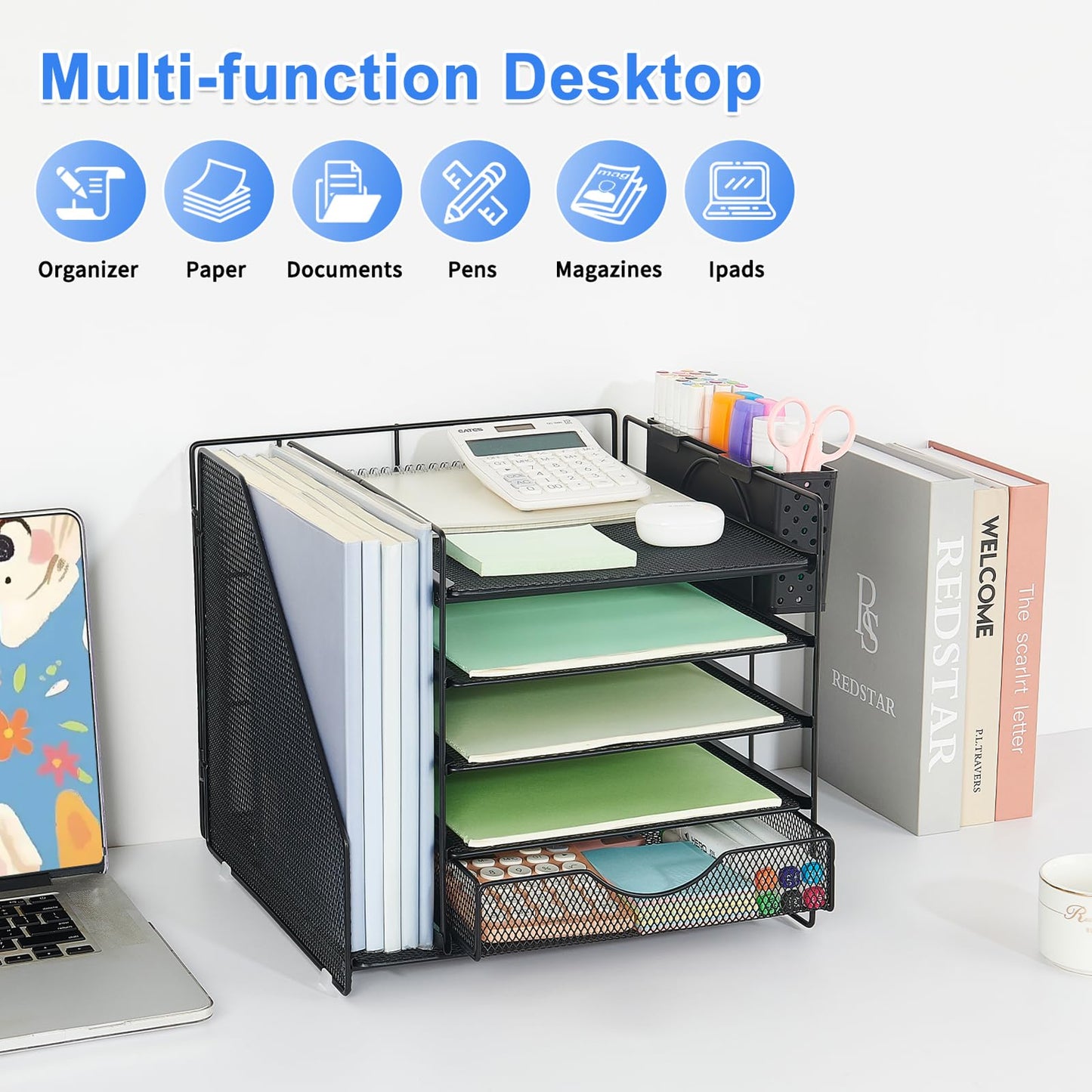 OUTIOE Desk Organizer with Drawer and Pen Holder, 5-Tier Paper Letter Tray Organizer with File Holder, Suitable for Workspace Organizer Office Supplies Storage (Black)