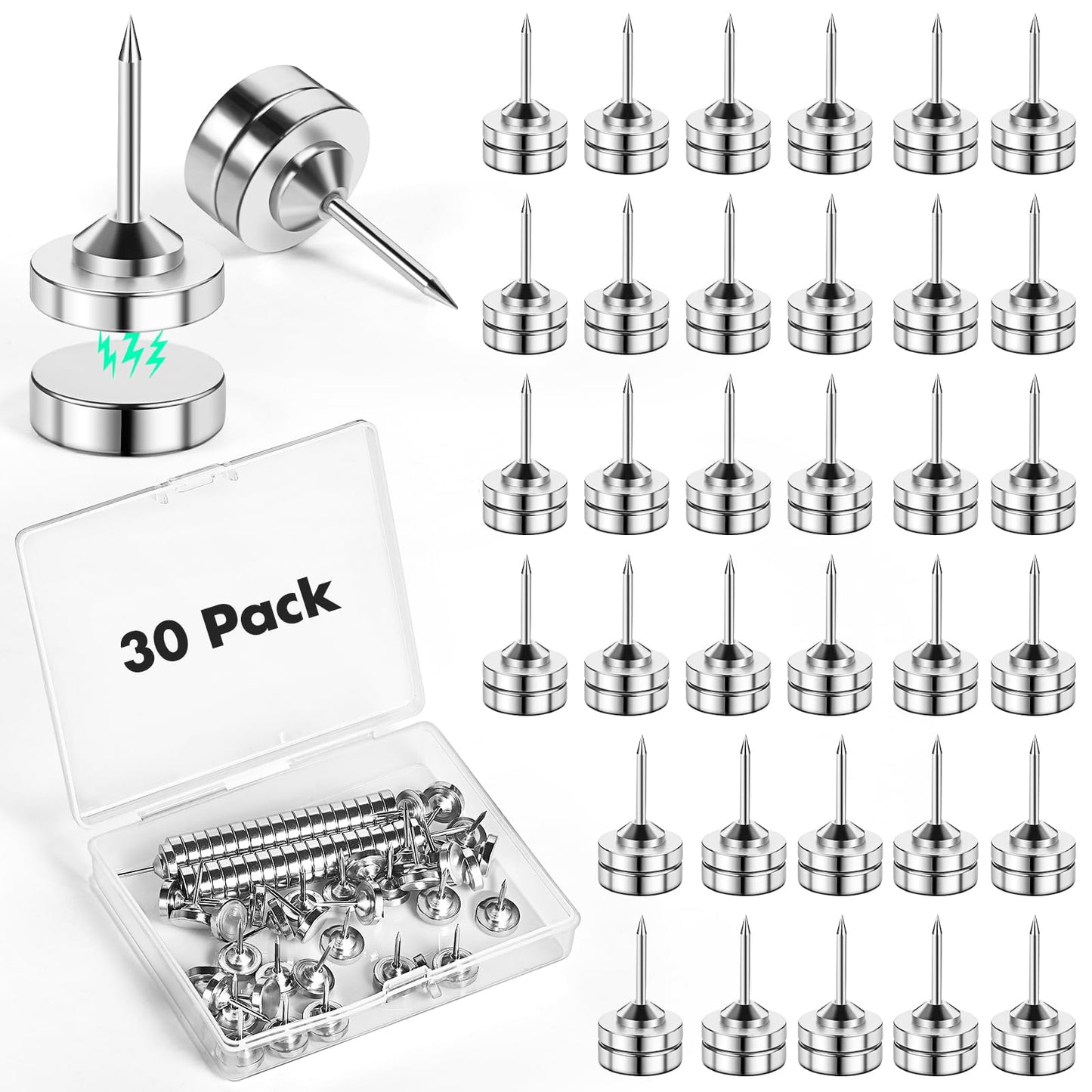 GOOLADA 30 Sets Magnetic Tacks, Silver Magnetic Push Pins, Flat Thumbtacks for Hanging, Poster Hanger, Silver Push Pins for Bulletin Board Cork Board Cubicle Wall