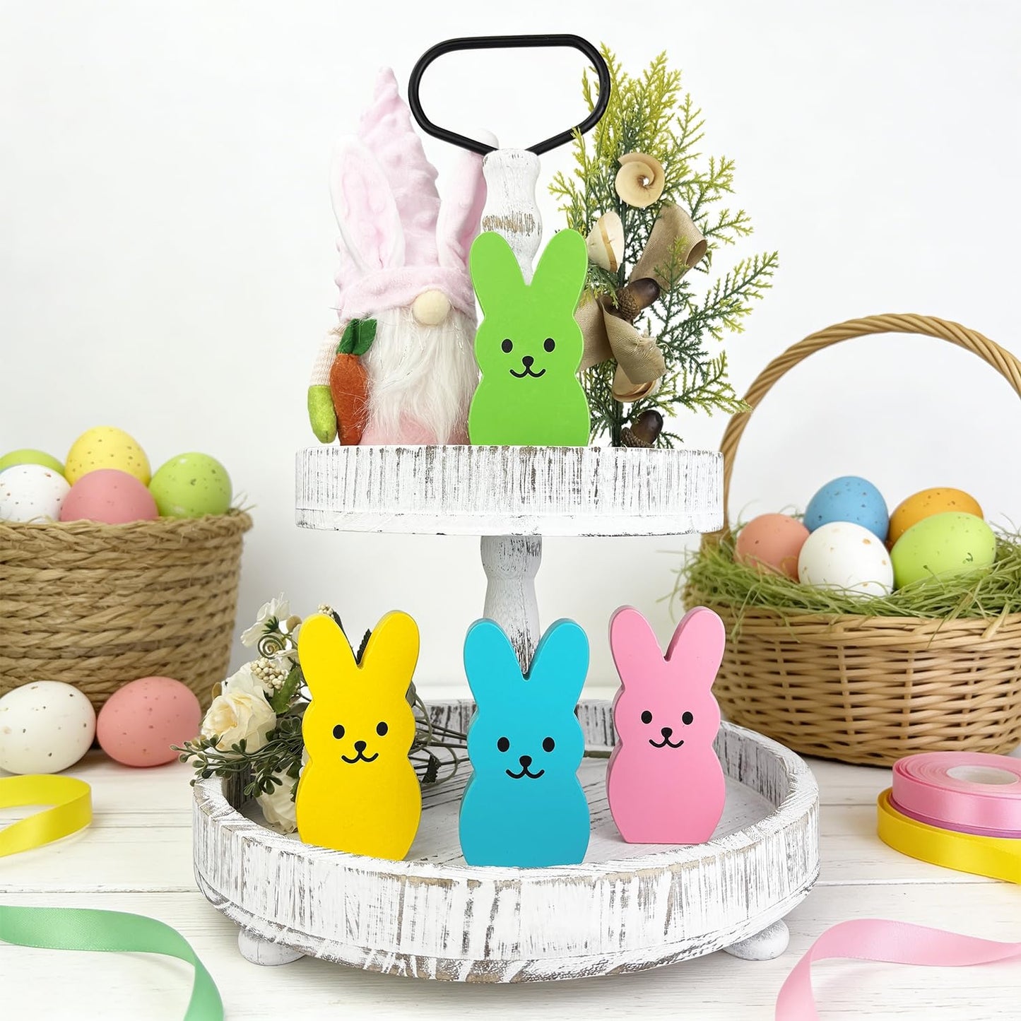 Easter Decorations - 4 PCS Wooden Bunny Decor for Home Table, Spring Peeps Signs Centerpiece for Office Mantel Tiered Tray, Easter Basket Stuffers Party Essentials Gifts for Classroom Indoor Shelf