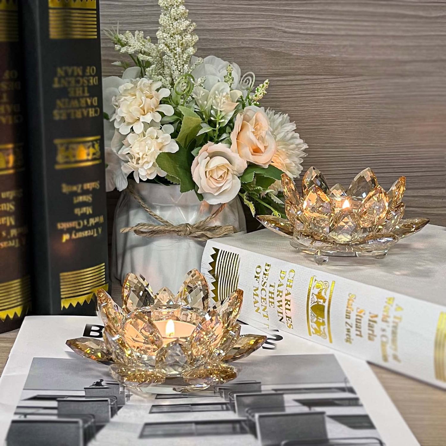 Kolnlala Crystal Lotus Flower Tealight Candle Holders/Glass Tea Light Candlestick Decor Decoration for Christmas Home Wedding Party(1, Gold 2pcs)