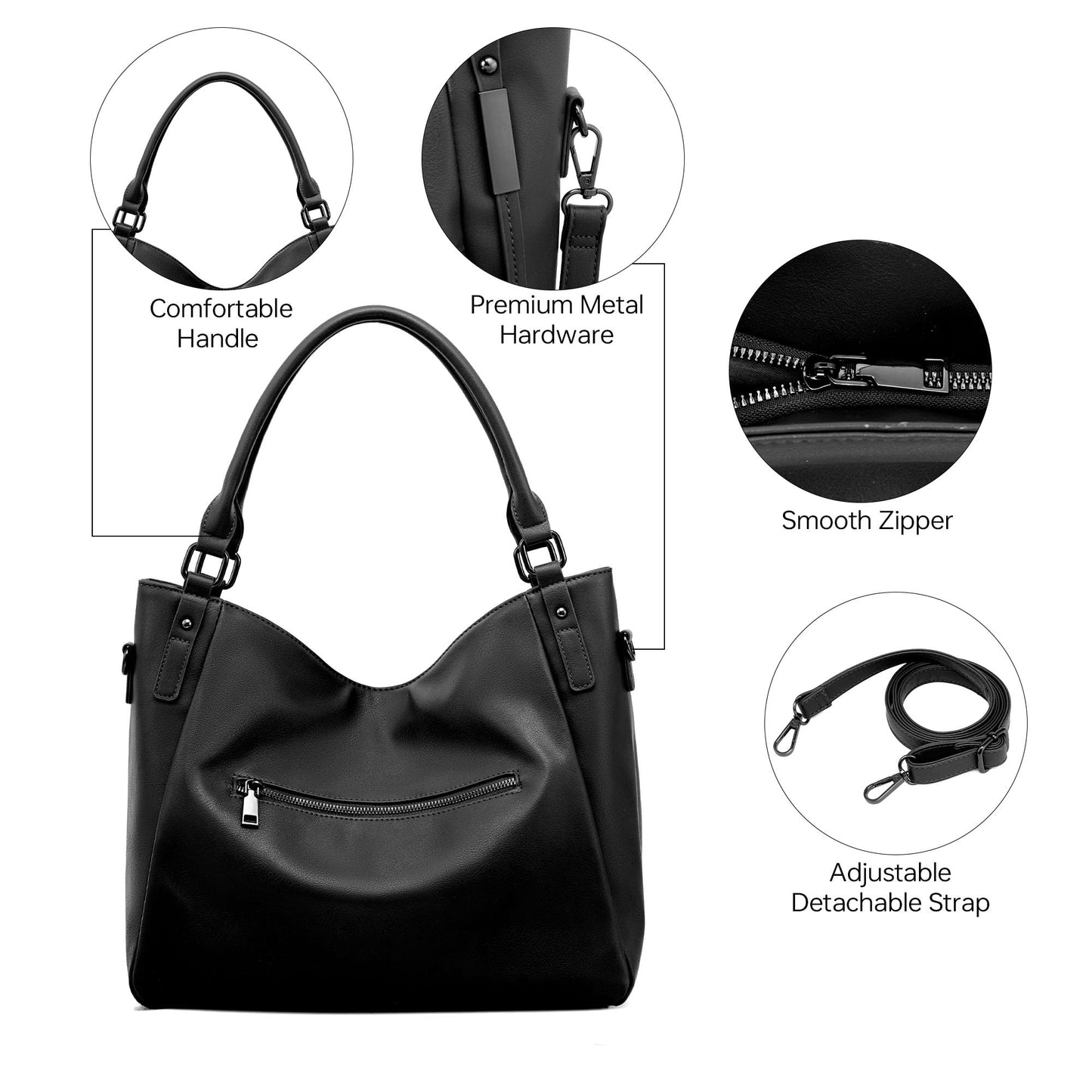 Goinsound Women's Hobo Bags Leather Large Tote Bag Purse with Multiple Pockets Shoulder Bag with Adjustable Straps Black