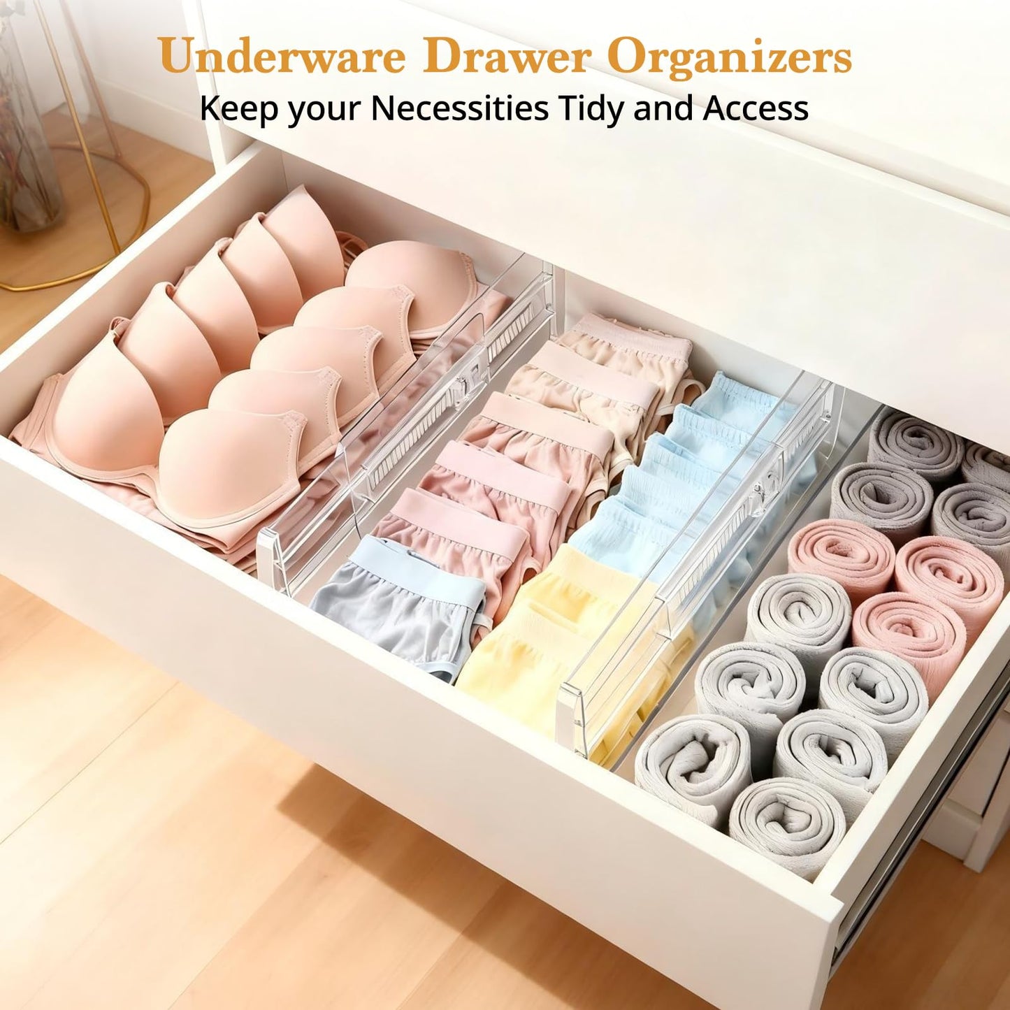 4 Pack Drawer Dividers for Clothes, 4" High 10.6"-16.9" Drawer Divider Adjustable Expandable Dresser Drawer Organizer, Clear Dresser Separators for Clothes, Underwear, Baby Clothes,Cosmetic,Toiletries
