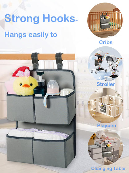 KIKJOK Hanging Diaper Organizer for Crib/Playpen/Bassinet – Hold 80+ Diapers - 4 Deep Pockets-H19in x L15 in Changing Table Diaper Holder - Hanging Diaper Stacker Nursery Caddy Organizer - Grey