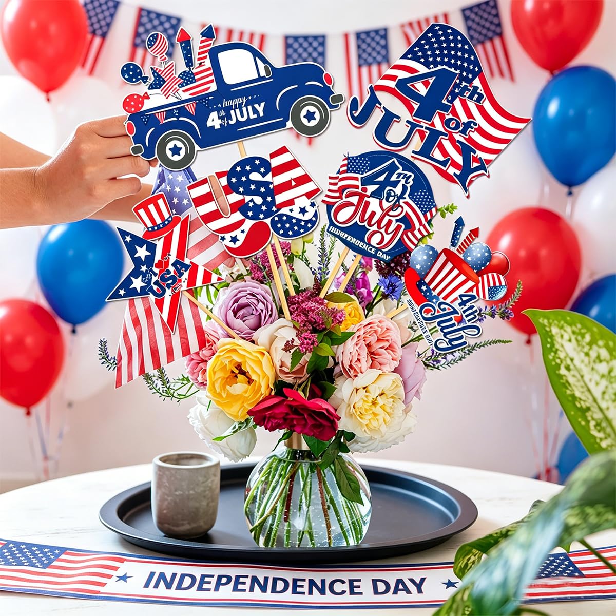 12 Pcs 4th of July Centerpiece Sticks Floral Picks Red White Blue American Flag Truck Stars Stripes Patriotic Cake Bouquet Tabletop Decoration for Independence Day Vase Filler Photo Prop Party