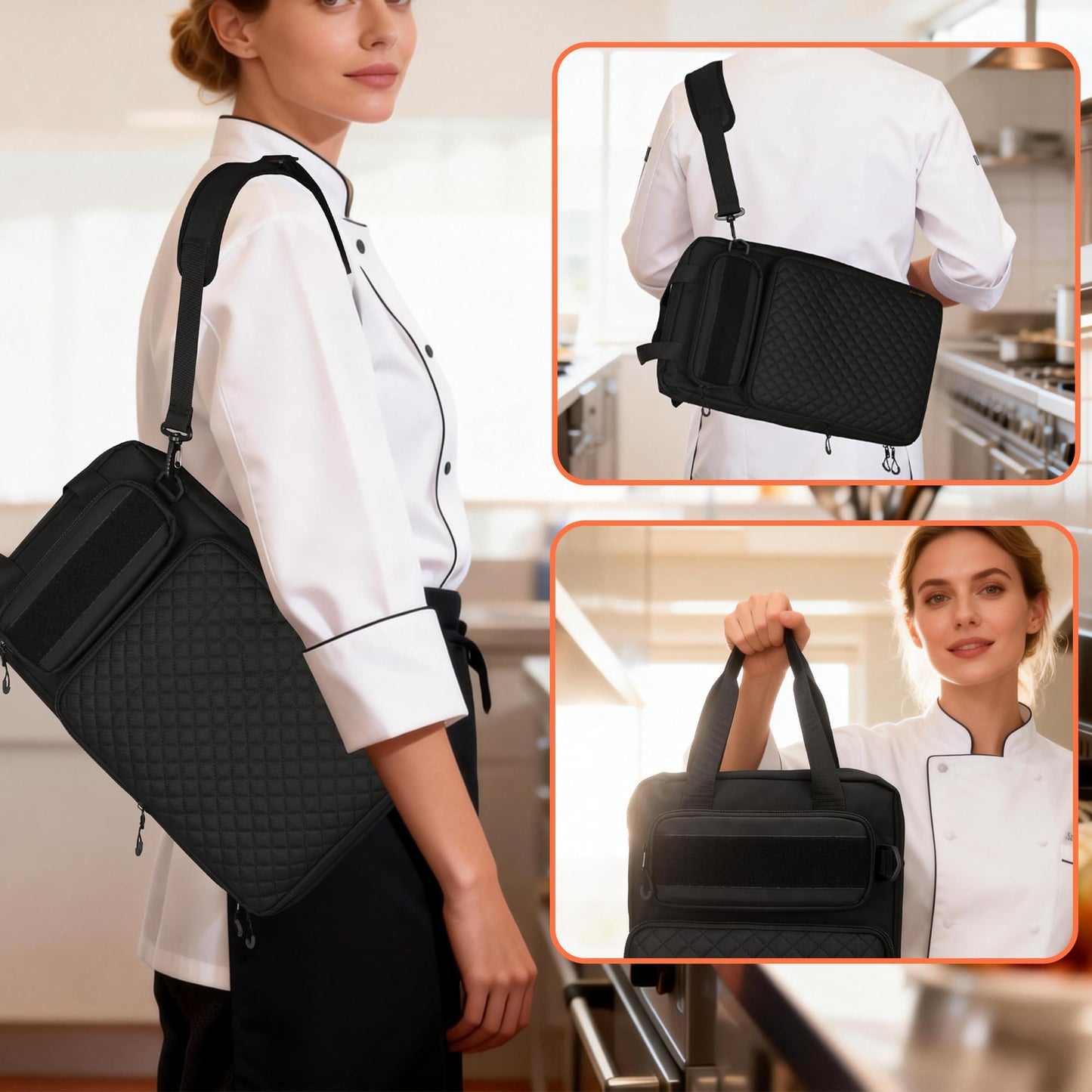 FURIMETY Professional Knife Bag with Front Pocket for Cookbook & Pad, Chef Knife Bag With Shoulder Strap, Knife Carrying Case for Kitchen Tools & Chef Utensils, Quilted Black