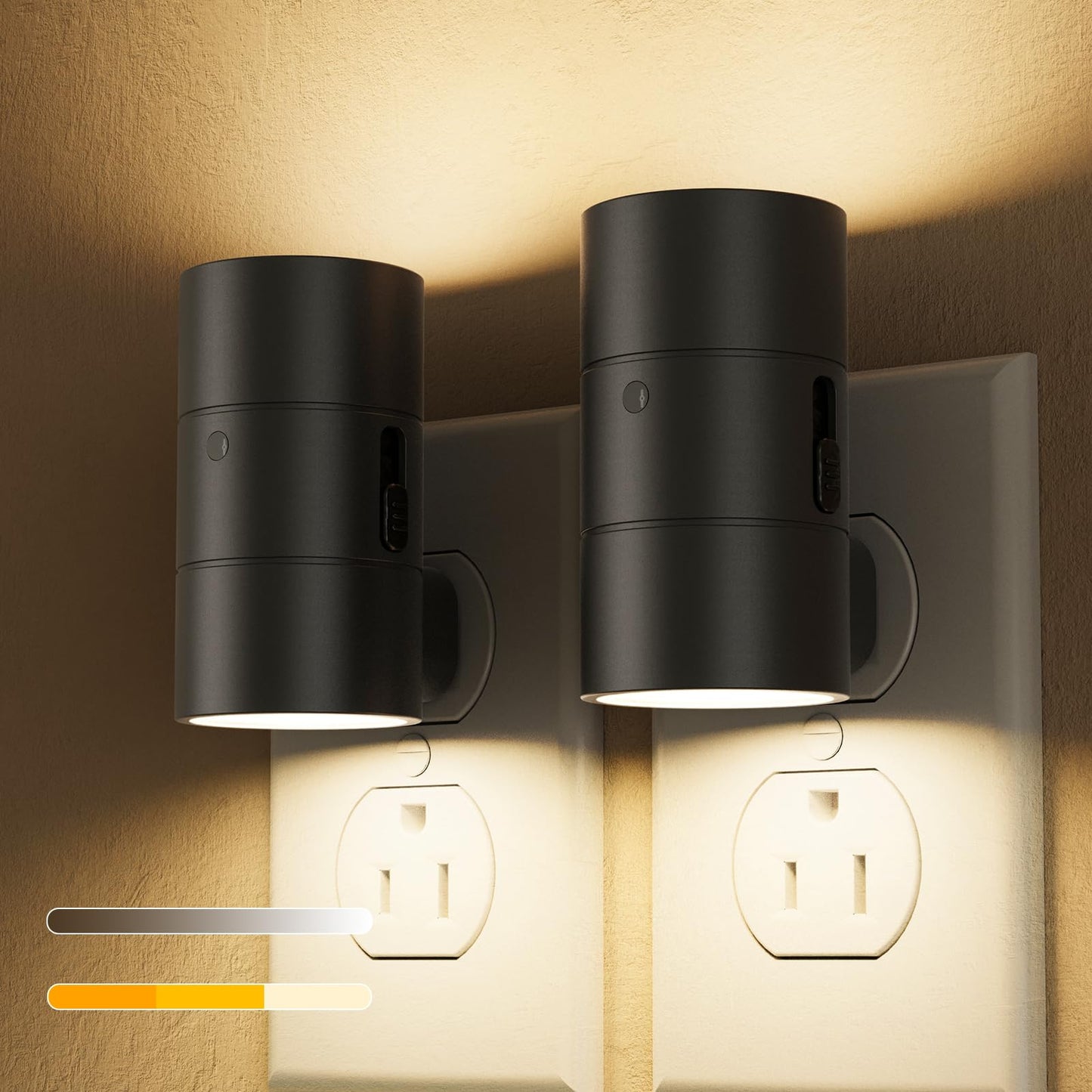 VOLISUN Night Light, Dimmable Led Night Lights Plug into Wall, Amber/3000K/4500K, 0-100LM Adjustable Brightness, Dusk to Dawn Nightlight for Hallway, Bathroom, Bedroom Black 2 Pack