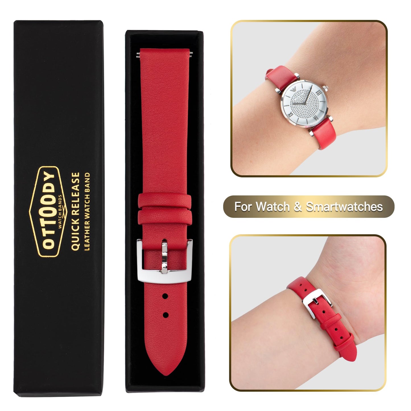 OTTOODY Leather Watch Bands Quick Release Watch Straps, Elegant & Ultra-Soft Top Grain Leather Watch Band for Women Men, Choice of Color & Width - 12mm 14mm 16mm 18mm 20mm 22mm for Watch & Smartwatch