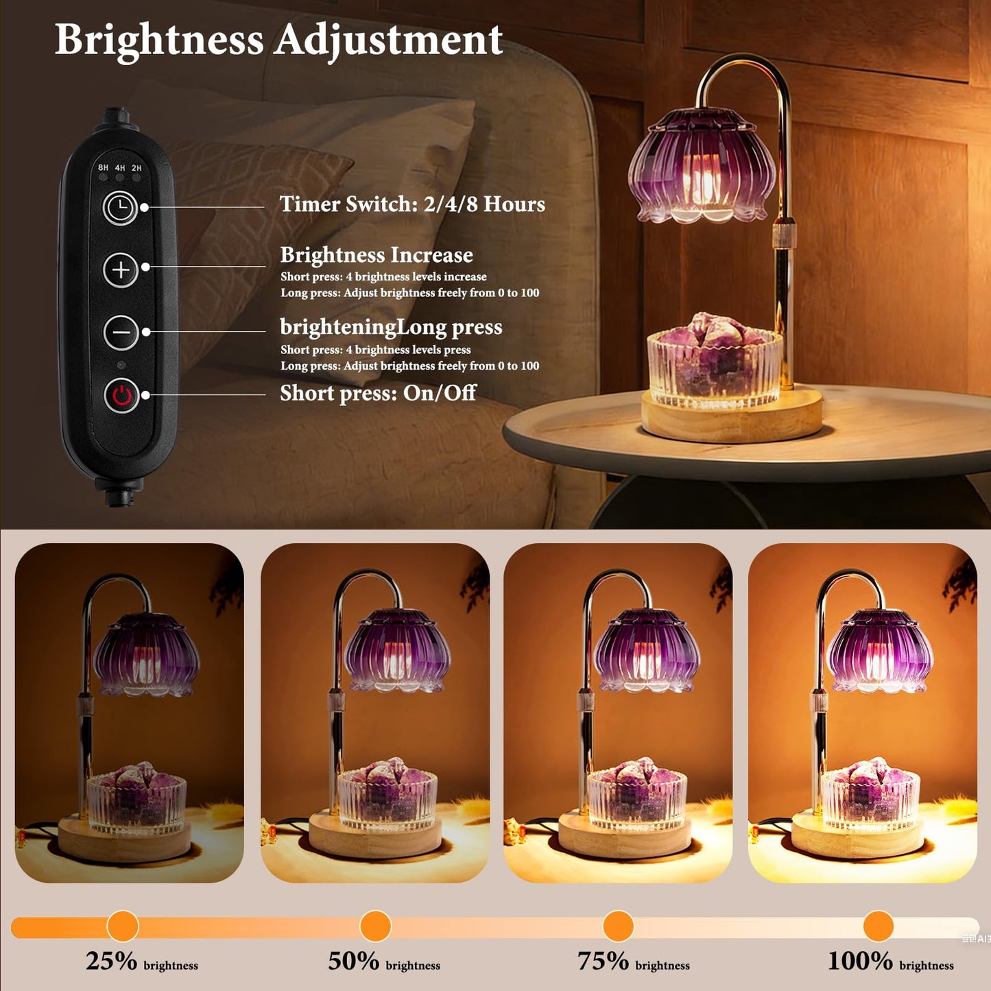 Candle Warmer Lamp with Dimmer & Timer, Adjustable Brightness & Temperature, 2/4/6H Timed, Natural Amethyst Crystals Essential Oil Diffuser & Melting Lamp for Scented Wax Melts, Home Decorative Gift