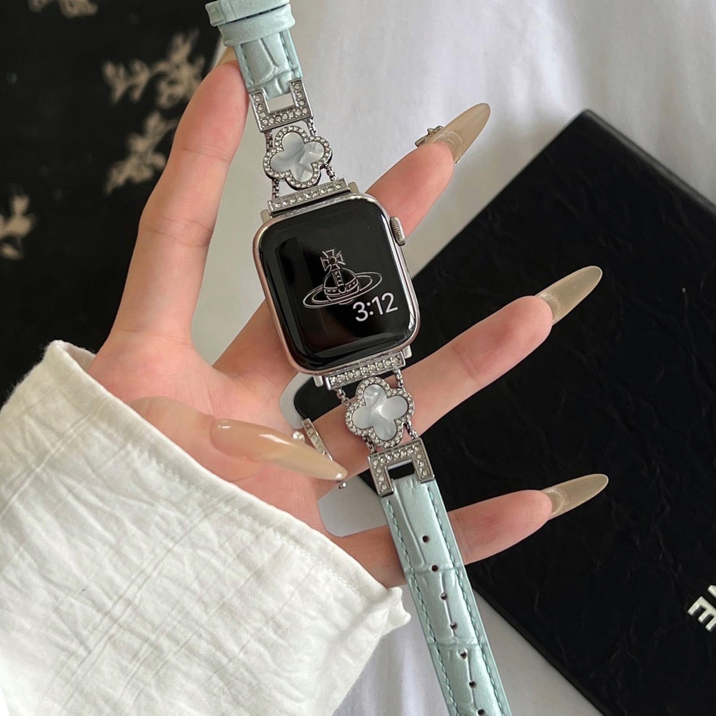 Nixiamy Four-Leaf Clover Thin Leather Bands Compatible with Apple Watch Bands 38/40/41/42mm,Alligator Leather Bracelet for Apple Watch Watch Series 10 9 8 7 6 5 4 3 2 1 SE Ultra for Women