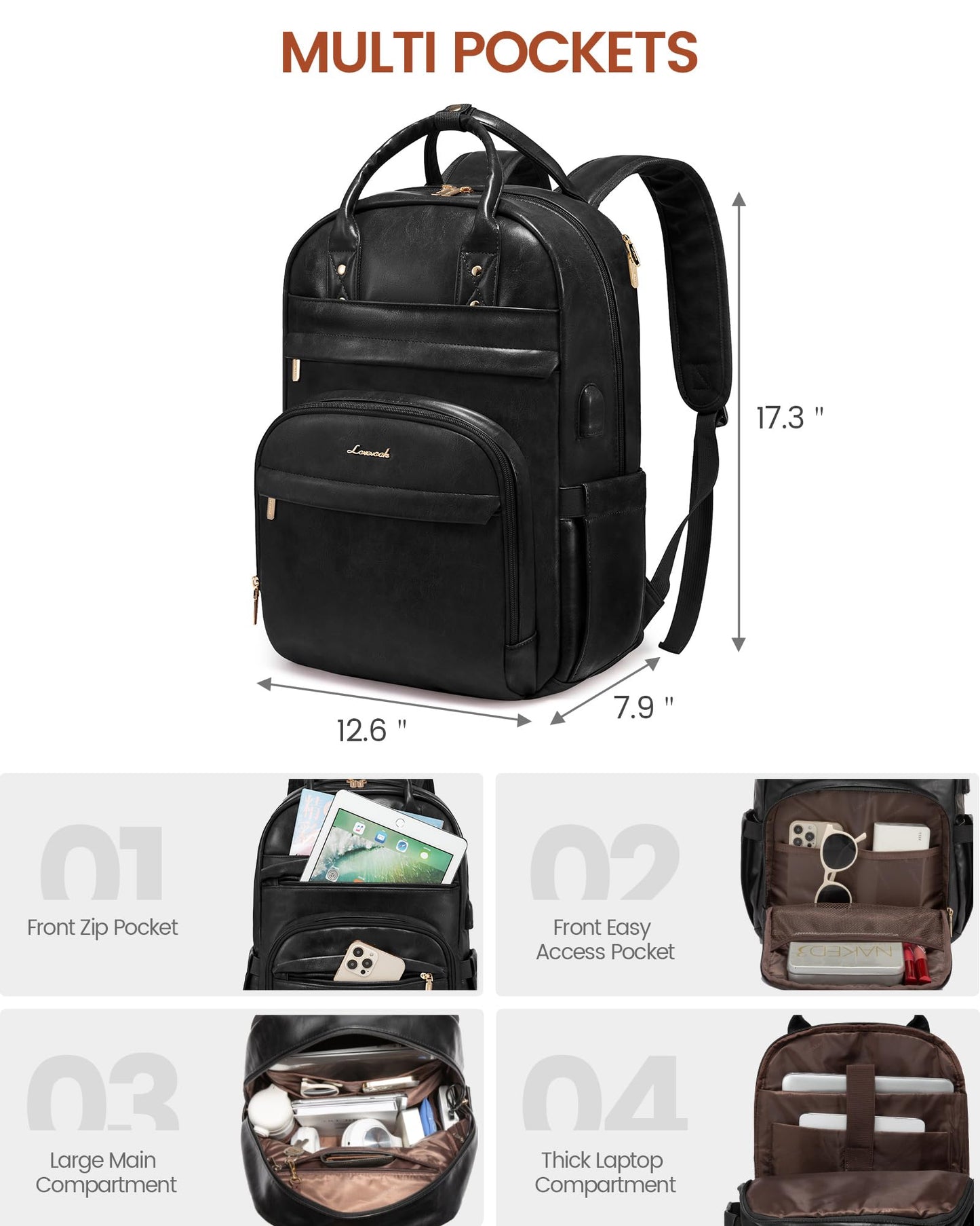 LOVEVOOK Vintage PU Leather 15.6 inch Women's Laptop Backpack, Black, 25L, Water Resistant, USB Charging Port