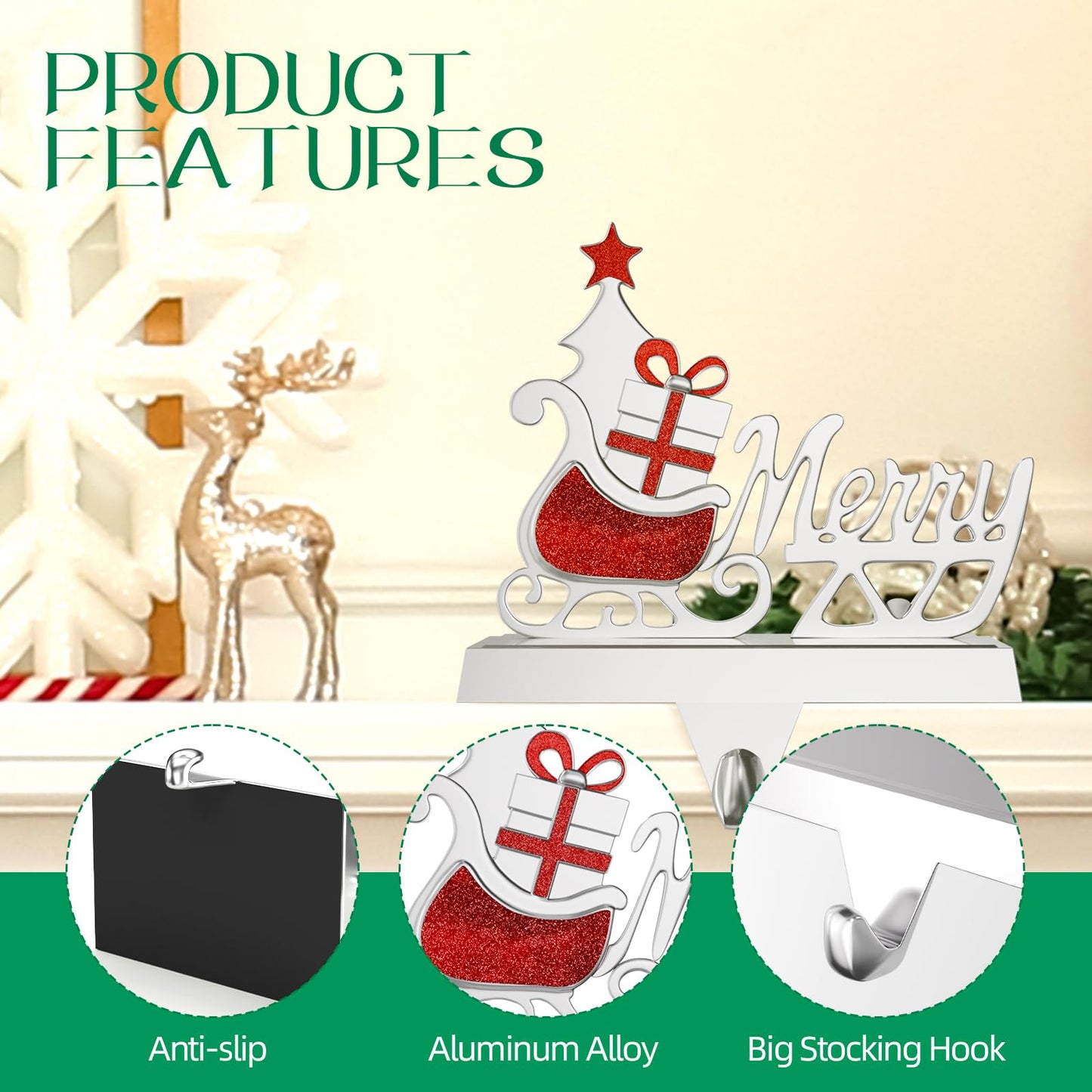 Homyplaza Christmas Stocking Holders for Mantle Weighted Metal Stocking Hangers Hooks for Fireplace Christmas Decorations (Set of 2)