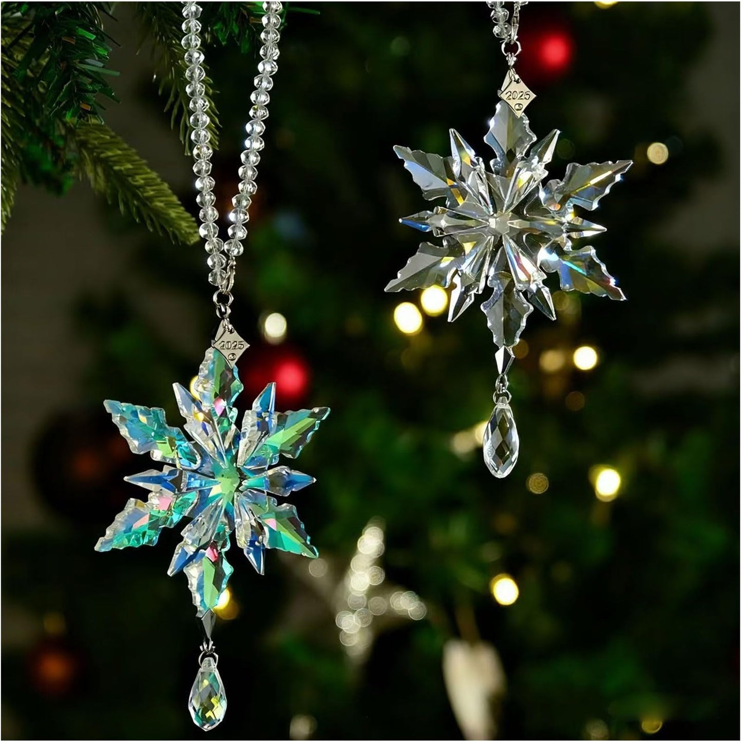 2025 Annual Christmas Ornaments Crystal Snowflake Star - Christmas Tree Ornaments Pendant Crystal Sun Catcher Home Hanging Decor(2025 White 3floors)