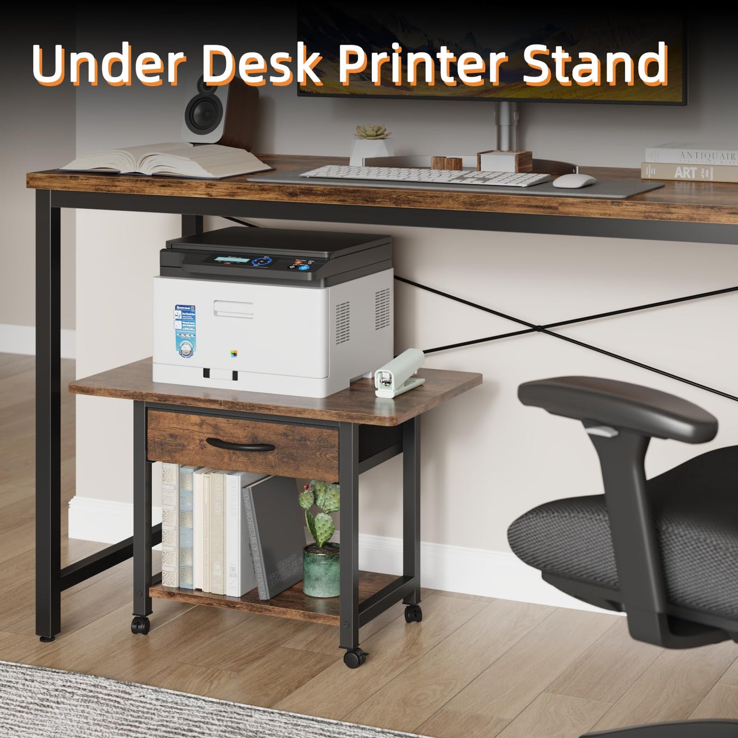YAOHUOO Large Printer Stand with Storage Drawer, 2-Tier Under Desk Table for Home Office, Fits Fax Machine/3D Printer/Scanner (Brown)