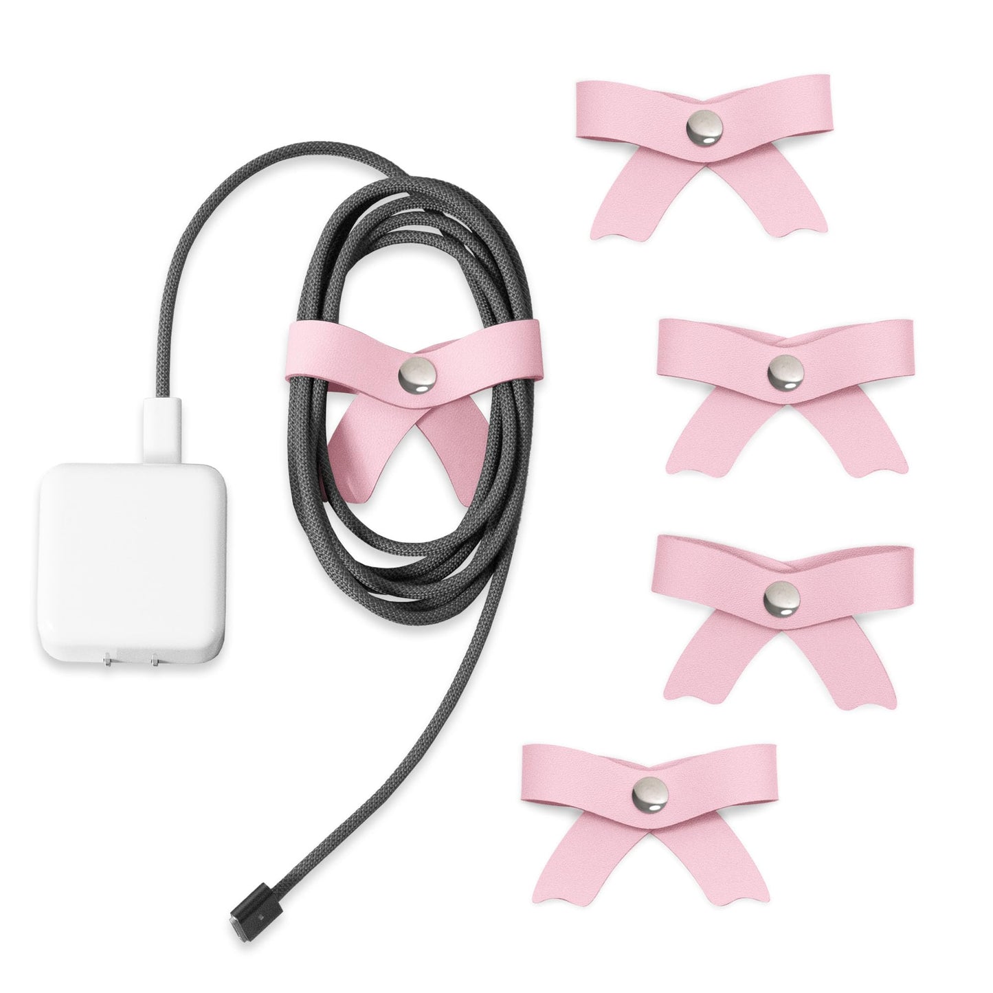 SenseAGE 5 Pack Cord Organizer, Bow Cord Keeper, Cable Organizer USB Holder, Leather Cable Management, Cable Straps, Earphone Winder, Storage Straps for Electronics, Earbuds, Big, Pink