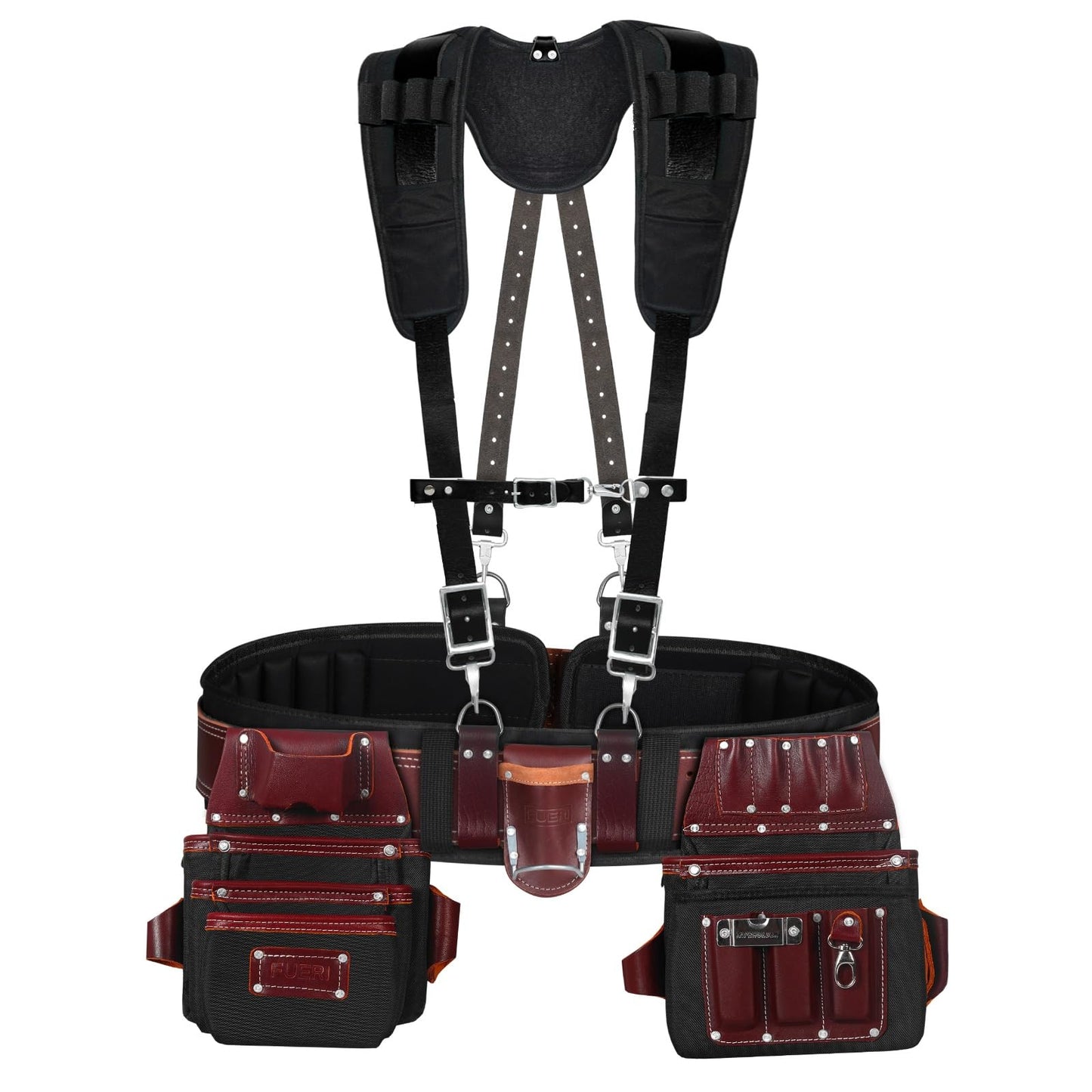 FUERI Tool Belt With Suspender Men Carpenter Pouches Construction Bags (Black and Maroon Tool Belt with Black Suspender, 2X-Large (48'' to 54''))