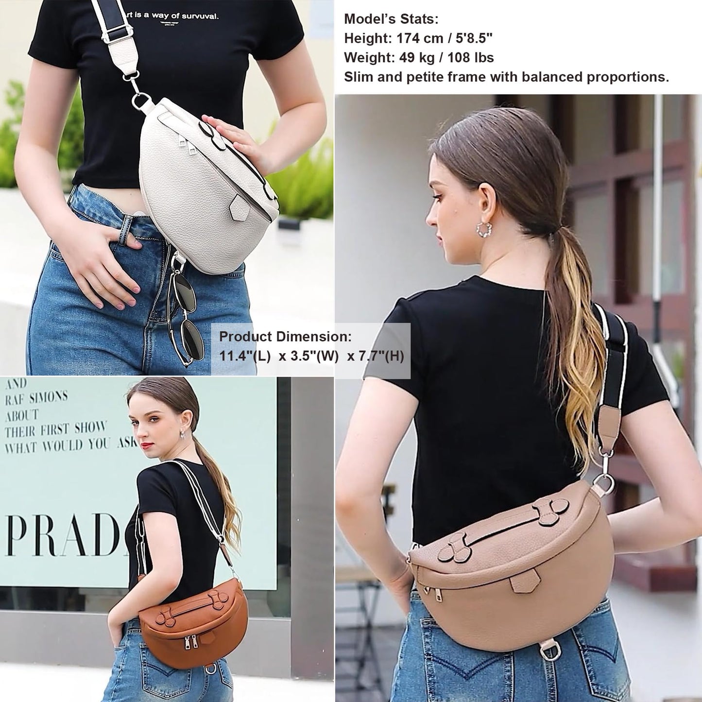Eslcorri Crossbody Bags for Women - Fashion Sling Purse Shoulder Bag Fanny Pack Leather Casual Chest Bum Bag with Adjustable Wide Strap for Workout Traveling Running Shopping - off white