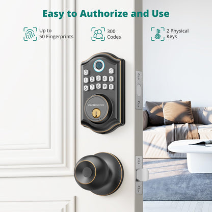 Keyless Entry Door Lock with Handle Set - Fingerprint Door Locks, Electronic Keypad Deadbolt, Smart Locks for Front Door, Auto-Lock & One Touch Locking, Easy Installation - Satin Nickel
