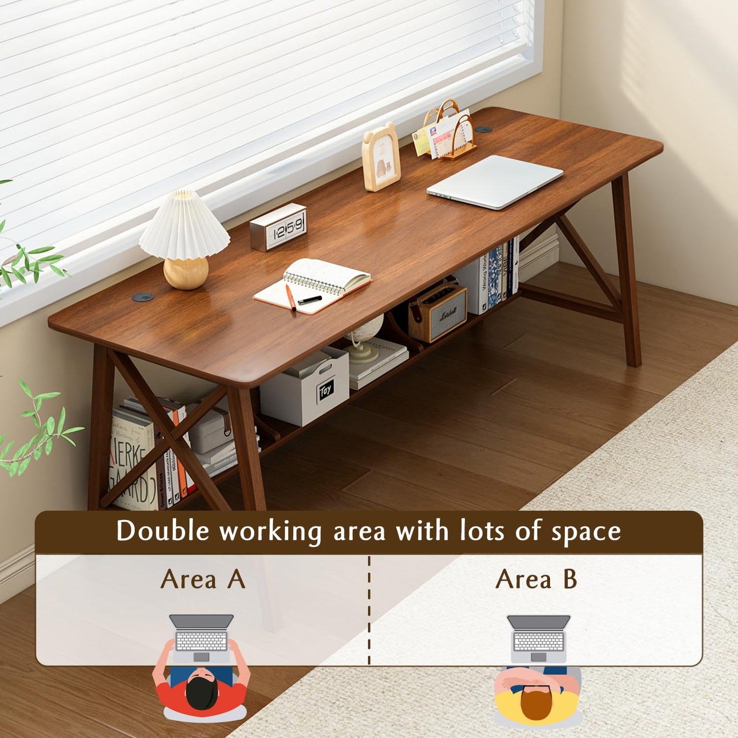 NELYE Extra Long Desk with Bookshelf - Wooden Home Office Work Study Table, Writing Computer Workstation with Storage Shelf in Walnut, 55" Wx20 Dx30 H