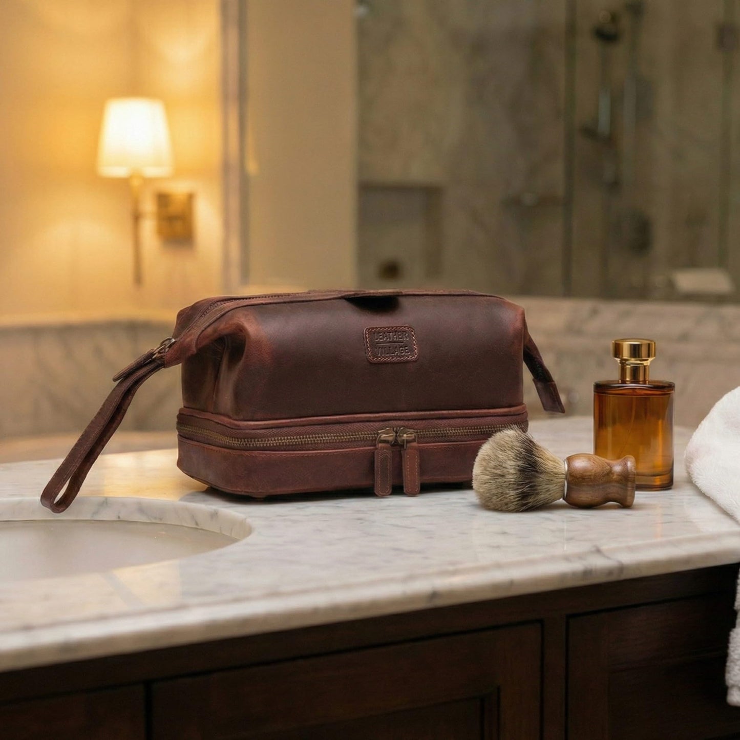 LEATHER VILLAGE Genuine Leather Dopp Kit – Large Travel Toiletry Bag with Waterproof Lining, Dual-Zip Design for Men & Women, Organizer for Shaving, Makeup & Essentials - Cherry
