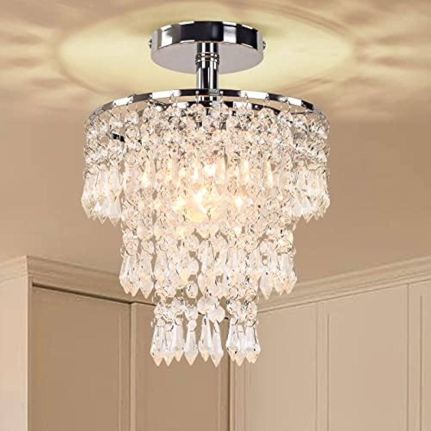 FRIXCHUR Small Crystal Chandelier Led Crystal Ceiling Lights 3 Tiers Crystal Raindrops Chandelier Pendant Lighting Fixture Decoration for Bedroom Hallway Living Room,Chrome, E26